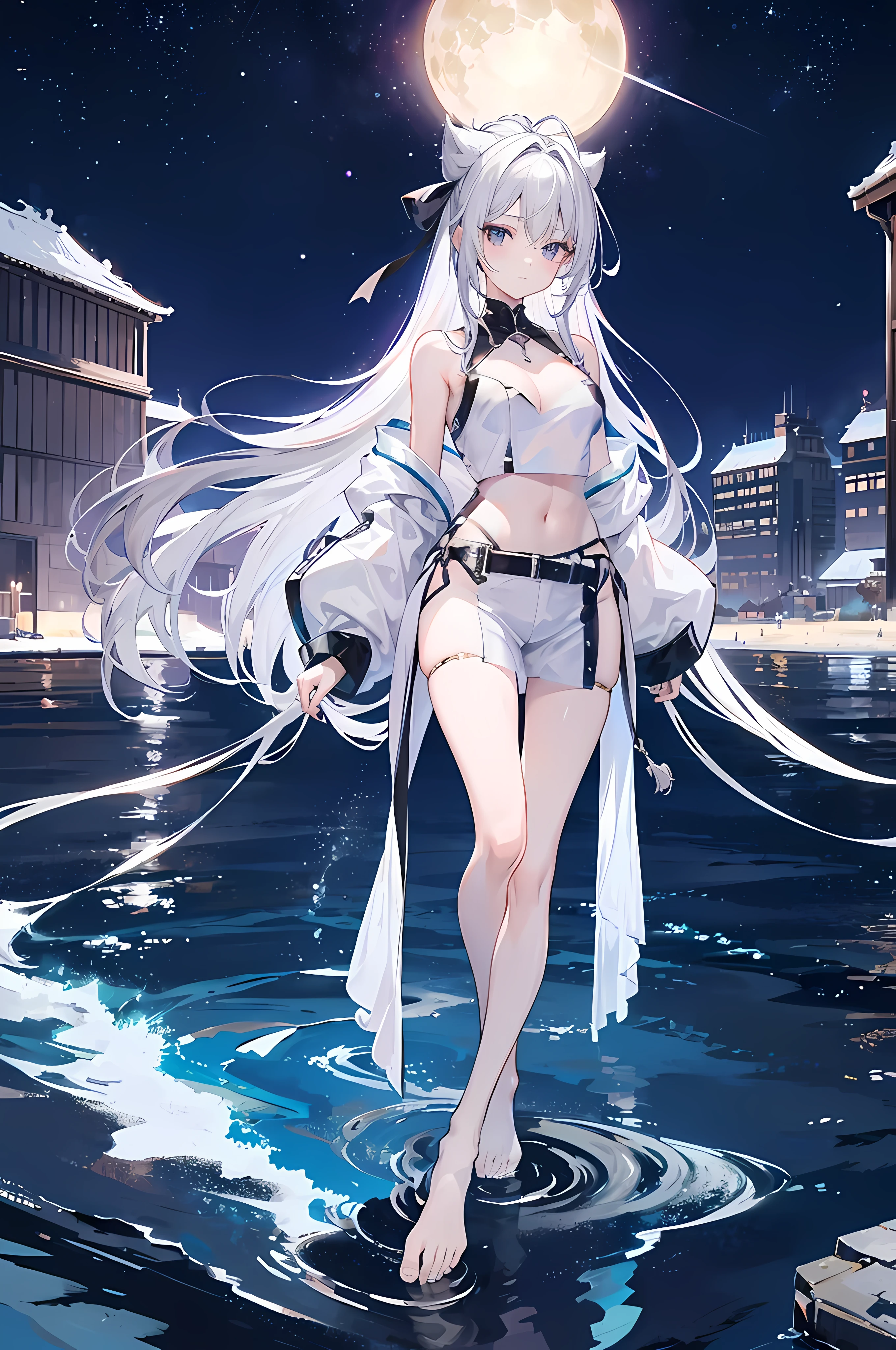 1 girl,solo,cat ears,white hair,dark skin,long hair, short jacket,light blue jacket,black bikini, black pantyhose,No shoes,smile,sweat,Walking on the beach at night
