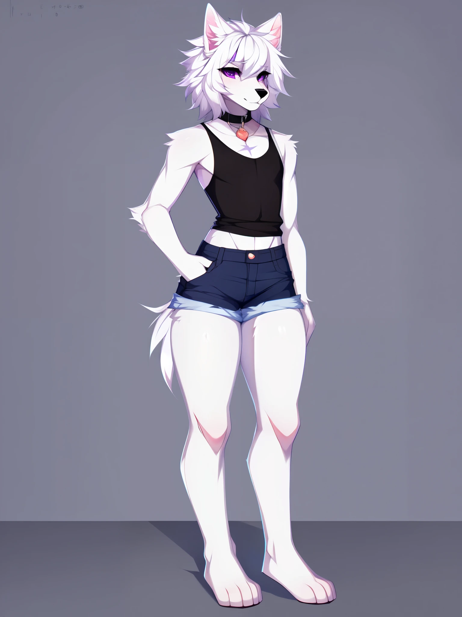 Solo:1.3, Naomi, a white wolf boy, male, feminine, detailed purple eyes, short white hair, white wolf ears, cute snout, white wolf tail, thick thighs, wearing black tank top, jean shorts, plantigrade:1.2, 4 toeackground, full body shot, feet visible, by hyattlen, by claweddrip:.08, by fumiko, full body shot, high resolution, standing, front view, absurdres, highly detailed