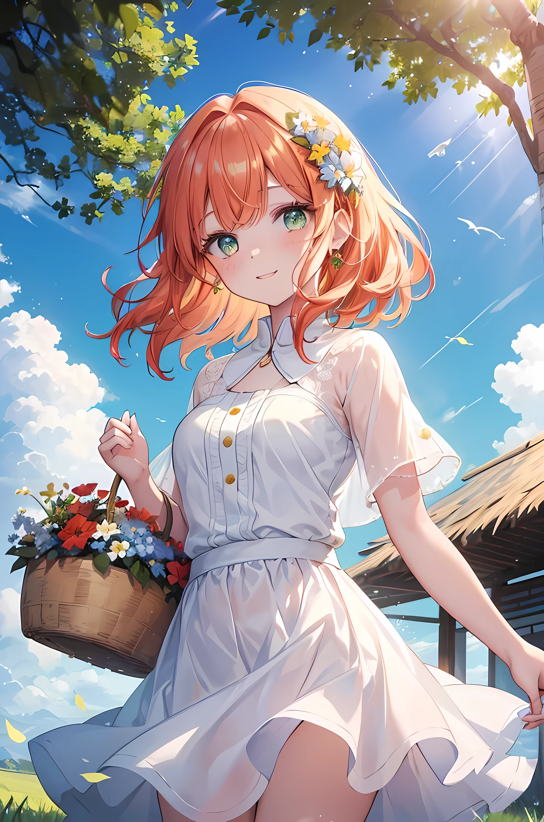 Une fille avec un short, wavy, cheveux roux dorés brilliants, grands yeux verts, peau blanche et joues rouges, light freckles,porte une robe blanche et bleu clair avec une jupe moyenne ,Elle tient a petit panier de fleurs à la main et regarde le spectateur et sourit d&#39;un beau sourire. L&#39;air déplace ses cheveux et sa jupe vers la droite,rayons de soleil ,((Masterpiece,Very detailed,rayons du soleil, detailed hair,yeux brillants ,ciel bleu avec de l&#39;herbe verte en arrière-plan))