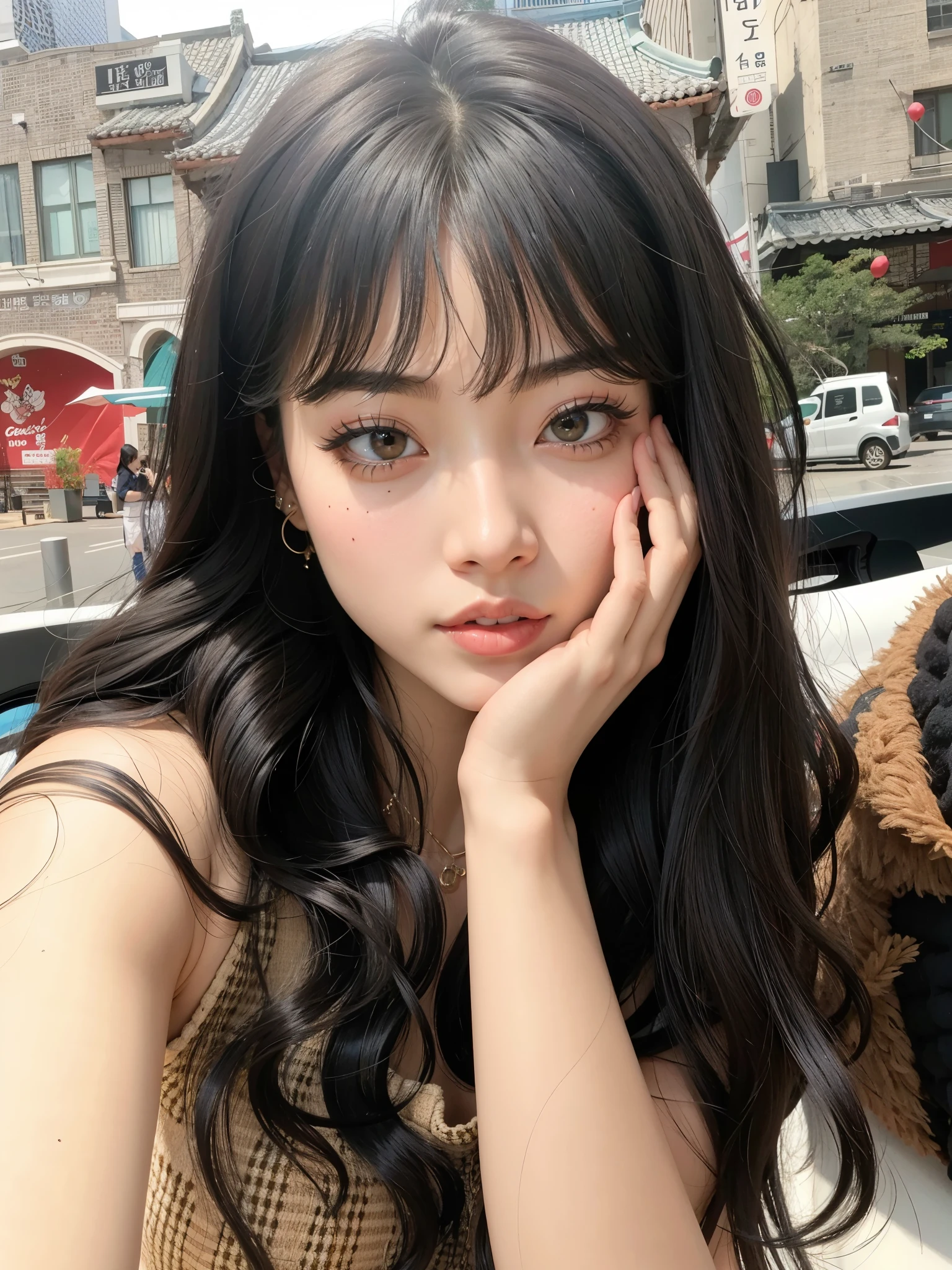 um close up de uma mulher com cabelos longos e um batom vermelho, Ulzzang, she has black hair com franja, com franja, maquiagem sul-coreana popular, jennie kim blackpink, com franja completa, Jennie adorable korean face, beautiful aesthetic face, menina coreana, com rosto redondo, maquiagem coreana popular, young adorable korean face, Mulher sul-coreana bonita, neat hair com franja, jennie kim