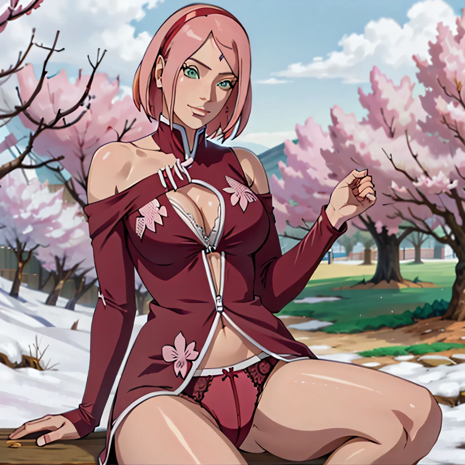 (((bragas sujetador ropa interior))), Obra maestra， La mejor calidad en el mejor de los casos， 1girll， Sakura Haruno， senos grandes，Vestimenta fuera del hombro，（escote)，（Primer plano de la parte superior del cuerpo)，Criado sexy，is shy，smil，con cabello rosado， Pelo largo blanquecino， （Globos oculares verdes:1.4)， Forehead protection， Los cerezos，Cerezos en flor volando，Ropa roja，Media cremallera, Figura tetona,