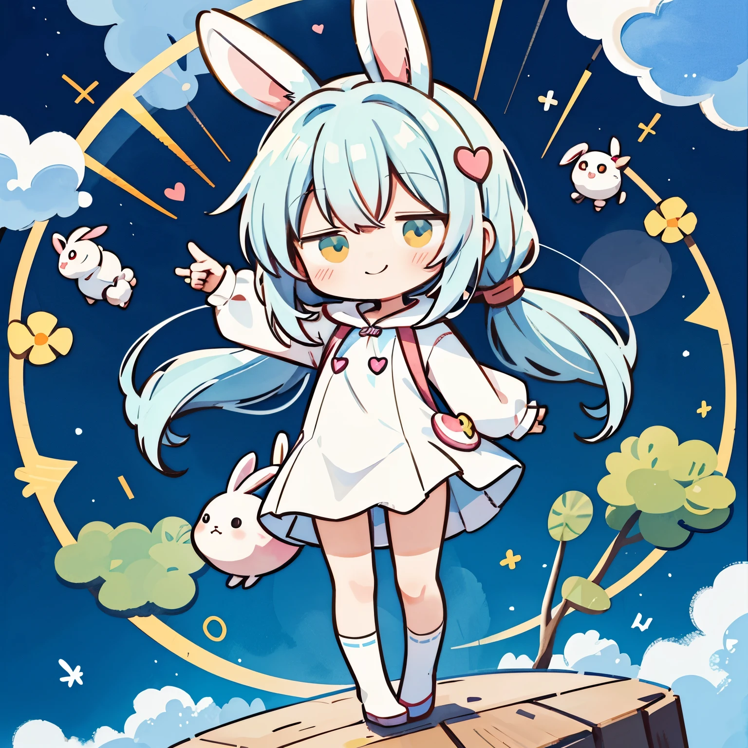 (Chibi:1.2), full bodyesbian、Kigurumi, Rabbit Girl、Rabbit costume、a smile、Rabbit ears、Rabbit tail、watercolor paiting, Standing, Sunlight, (work:1.2)、heart、teak、jumping from a skyscraper、