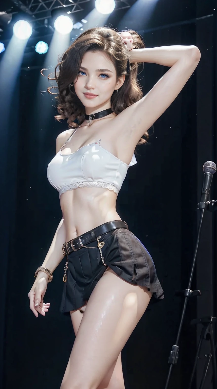 Best picture quality, masterpiece, ultra high resolution, Nsfw, photo, kpop, BLACKPINK Lisa, (Torn clothes:1.5), see-through breasts, flashing pussy (no panties), pubic hair, visible pussy, live performance, holding mic, 8k