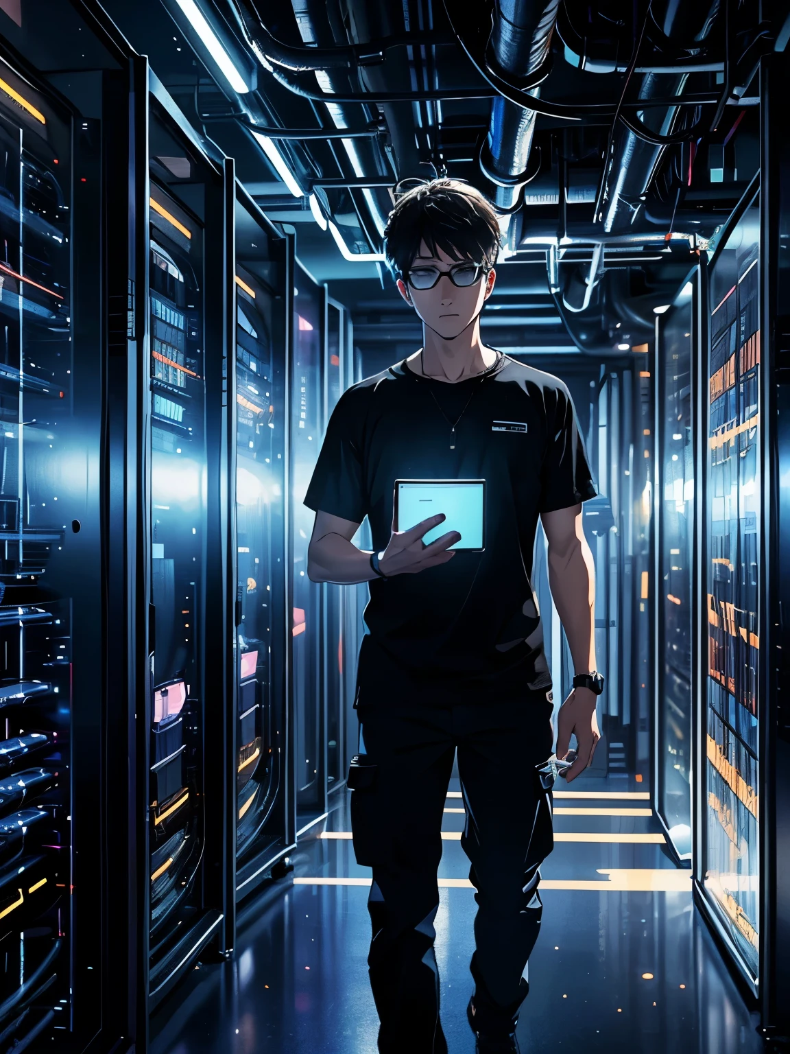 (colored line art:1.3), ((Best quality)), ((masterpiece)), (detailed:1.3), 3D ,HDR (High Dynamic Range), light particles, (lens flare particles:1.2)cinematic shot, dramatic lighting emphasizing shadows, texture-rich details, a man in black cargo pants and tshirt using a tablet in a server room, it specialist, standing in a server room, in detailed data center, in data center, server in the middle, extreamly detailed data center, datacentre