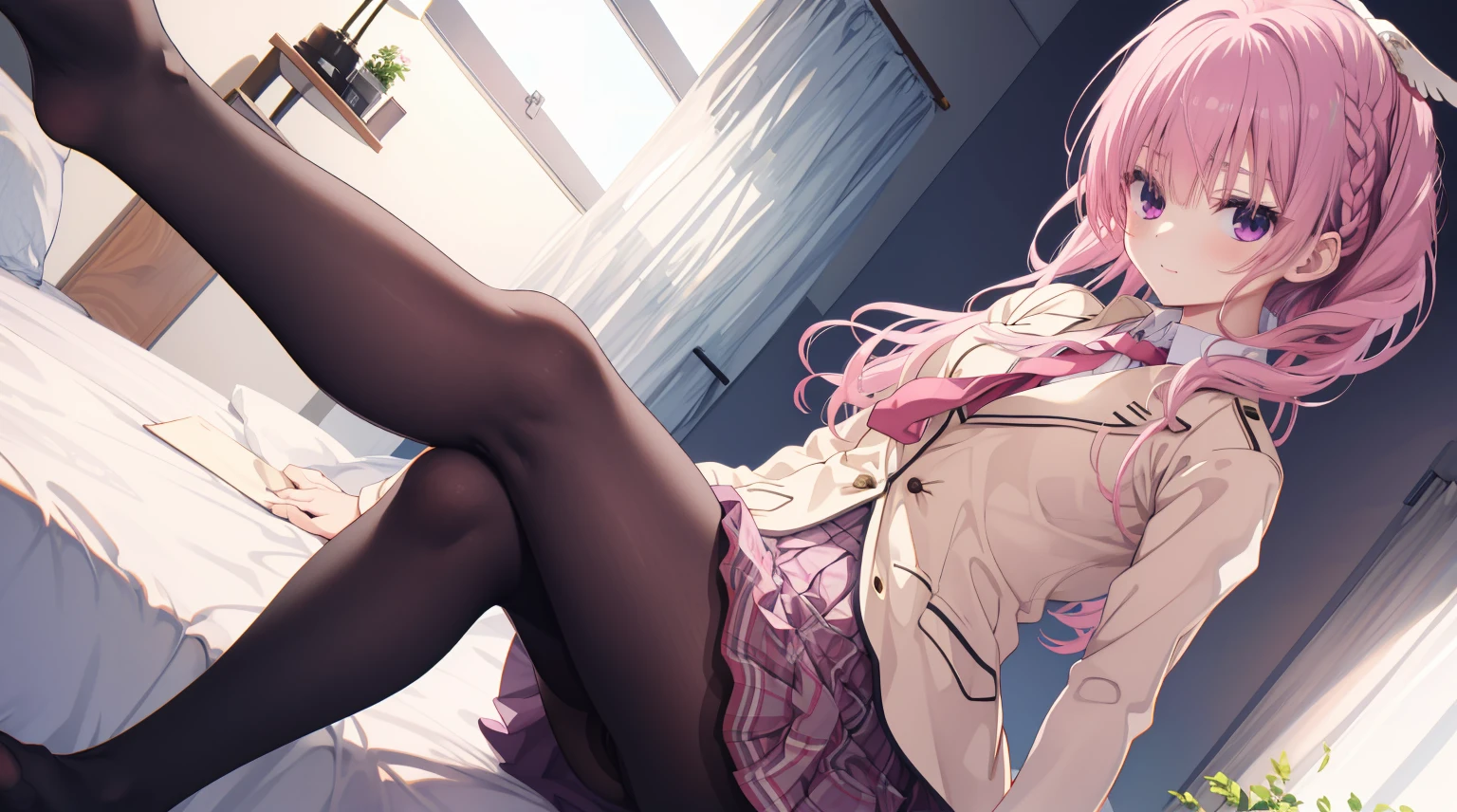 1girl, solo, A pink-haired,Medium-hair long,dishiveredhair,Black underwear,Purple-pink eyes,In the daytime,Glass windows, In the bedroom,Digital punk, Anime style 4k, backdrop,Outdoorlack pantyhoses,mitsukasa ayase, kikka academy uniform, pantyhose, highres, absurdres,Beige top,red necktie、Character-centric