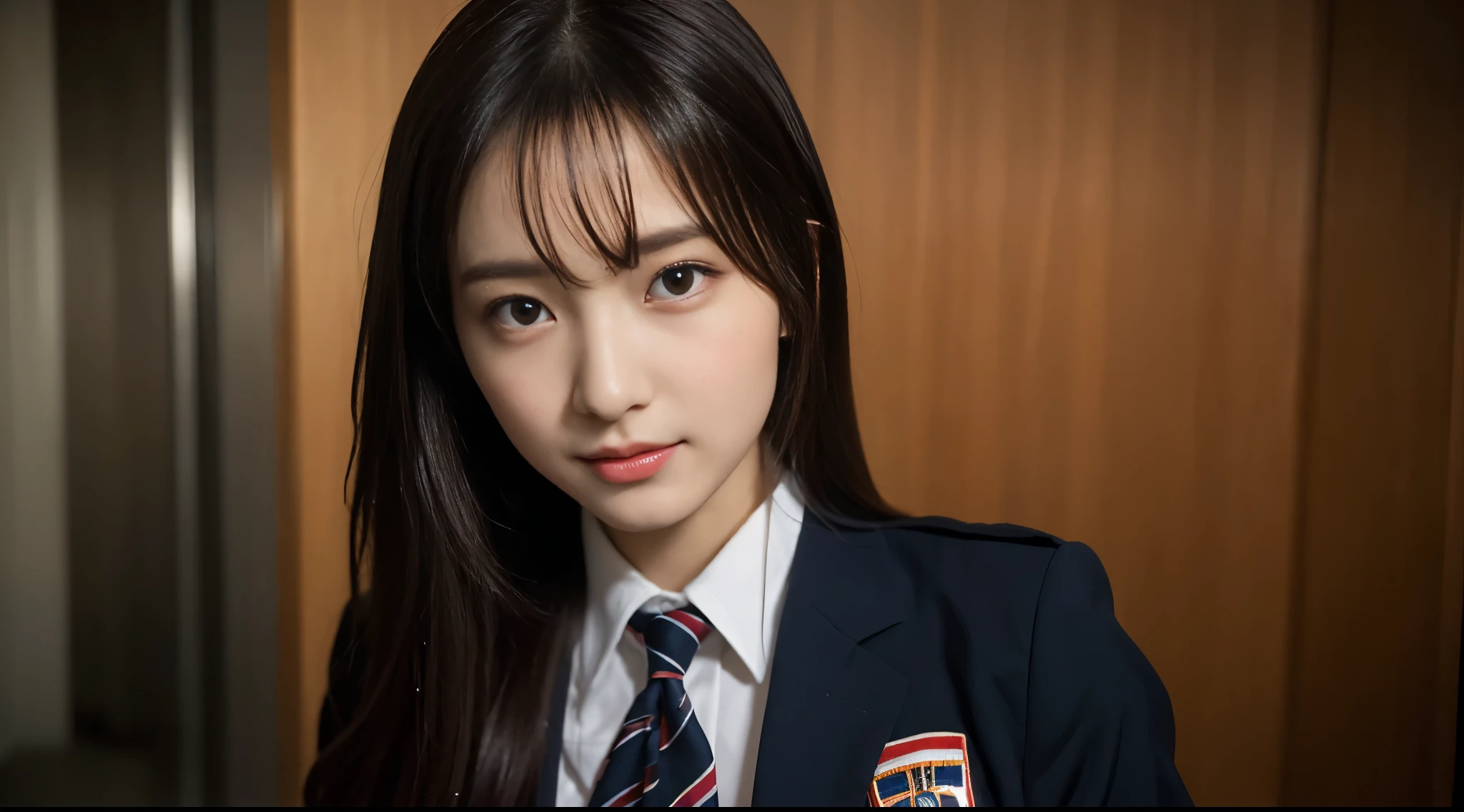 (((32k,high detal,high-detail、masterpiece,Attention to detail,full body Esbian,独奏))),Raw photo & realistic atmosphere,beautiful dark blue eyes,Detailed mouth,Glossy lips,Detailed eyebrows,Eyes drawn in detail with soft white skin that shines in every detail、azure eyes,Very beautiful eyes,Detailed lips、Very beautiful face,Very well-formed face、Lifelike face,shiny beautiful lips, Realistic Young Gravure Idol, very beautiful school girl, , Young Gravure Idol, Young Gravure Idol, Beautiful and cute mature16 year old schoolgirl,the whole body is wet,dripped out,with a flushed face,Incredibly beautiful, sexy and classy16-year-old girl,semi-long brown shiny hair,Hair is wet,Dripping water,dripping,(Looking at the camera:1.4),(darkness,Very dark,Use a flashlight to illuminate a subject in a pitch-black classroom with no light:1.7),(A sexy,Healthy toned body,High Detail Hi-Vision Hi-Vision Japan HDTVblackHDTVhi-VisionBlack Hi-VisionBlack Hi-Definition Hi-VisionBlack Hi-Definition Hi-Definition Uniform,medium shapely breasts,,Mature body, I'm anxious and about to cry,Moist eyes,cold smile,glareing,The glaring face is also beautiful,High-resolution arm,,high-definition fingers,:1.5),(The chest of the uniform is open,Sitting upright in black and red classy high school girl uniform wearing black pantyhose and sexy legs and lifting skirt in shame:1.7)