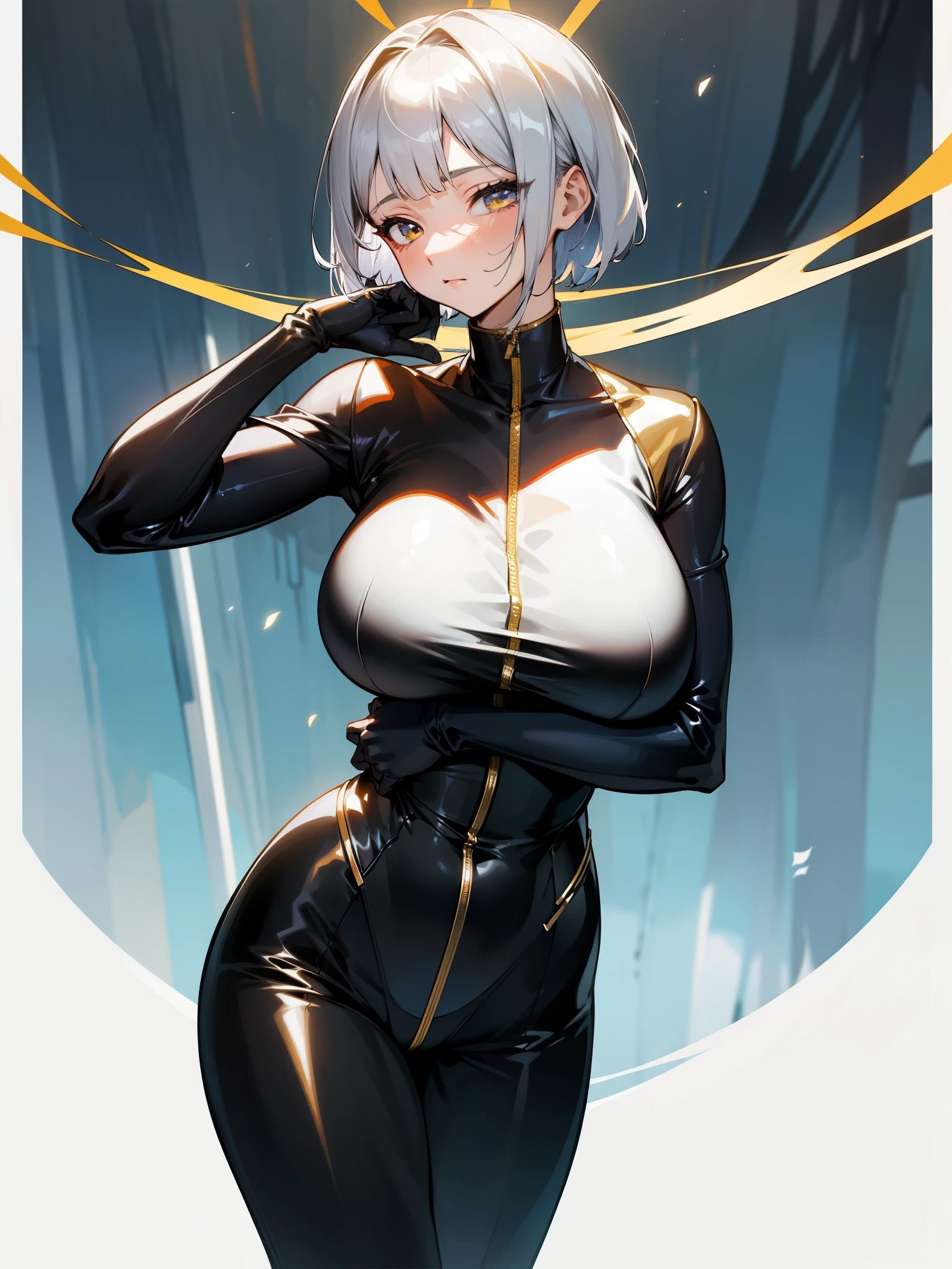 German woman wearing white tight sports top posing for photo,Short-haired women, Sexy tight tracksuit, elegant figure, Silver short bob hair, Silver-haired goddess, , Strike elegant poses, revealing outfit, LOP, 巨大的令人惊叹的女神photography of, coverage and , busty figure, Clothing that exposes, Very sexy, Beautiful goddess woman, Open tights, covered with gold,((at a forest,s face,Dressed in black silk。((40k,photography of,tmasterpiece,Best quality at best,Wild forest in the background,((1 girl with golden eyes and gorgeous silver hair)),Model diagram,great asa,Extremely huge,a variety of poses。((:1.4)),The face is very detailed,詳細な目,Half a face。