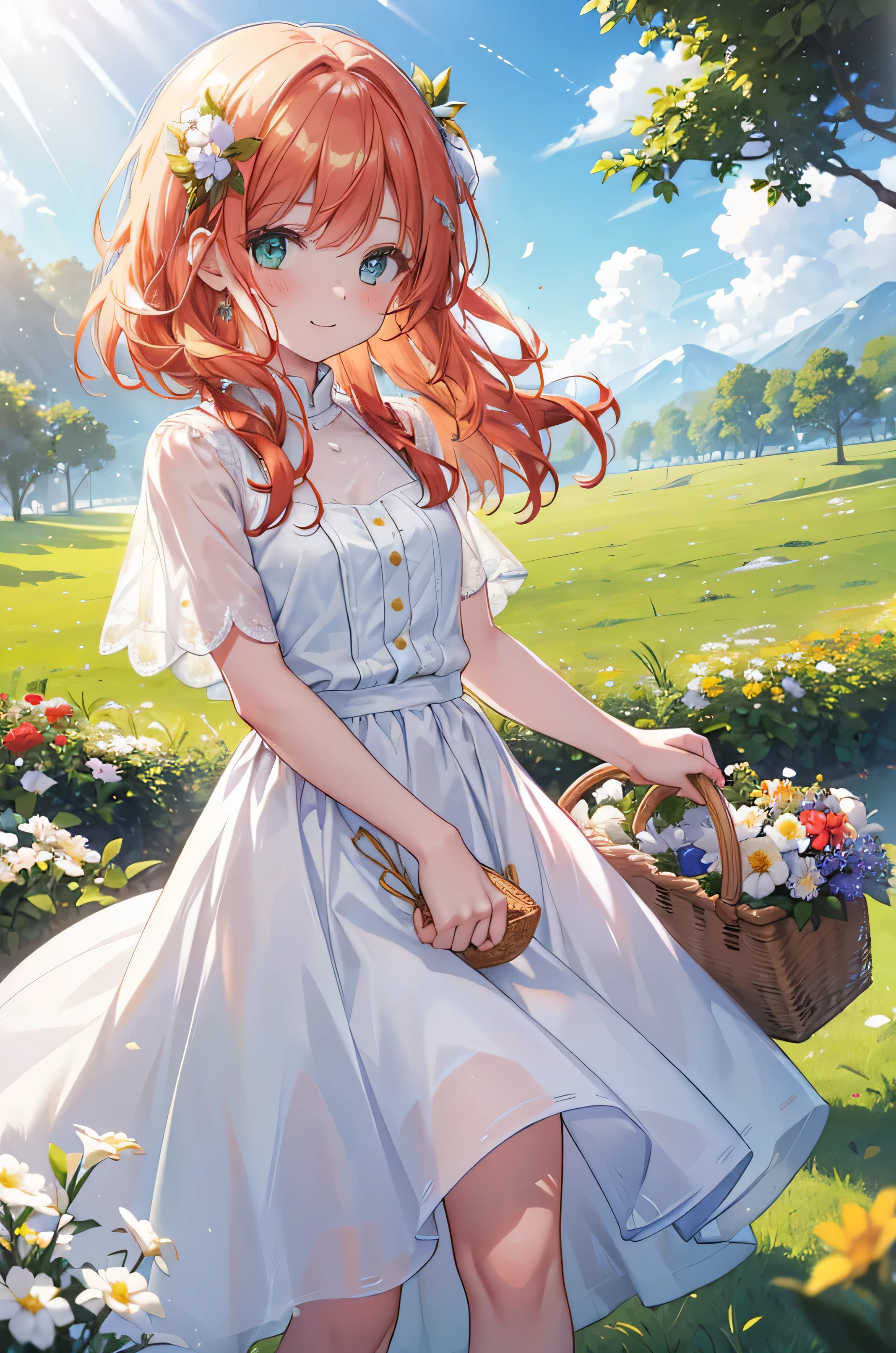 Une fille avec un short, wavy, cheveux roux dorés brilliants, grands yeux verts, peau blanche et joues rouges, light freckles,porte une robe blanche et bleu clair avec une jupe moyenne ,Elle tient a petit panier de fleurs à la main et regarde le spectateur et sourit d&#39;un beau sourire. L&#39;air déplace ses cheveux et sa jupe vers la droite,rayons de soleil ,((Masterpiece,Very detailed,rayons du soleil, detailed hair,yeux brillants ,ciel bleu avec de l&#39;herbe verte en arrière-plan))