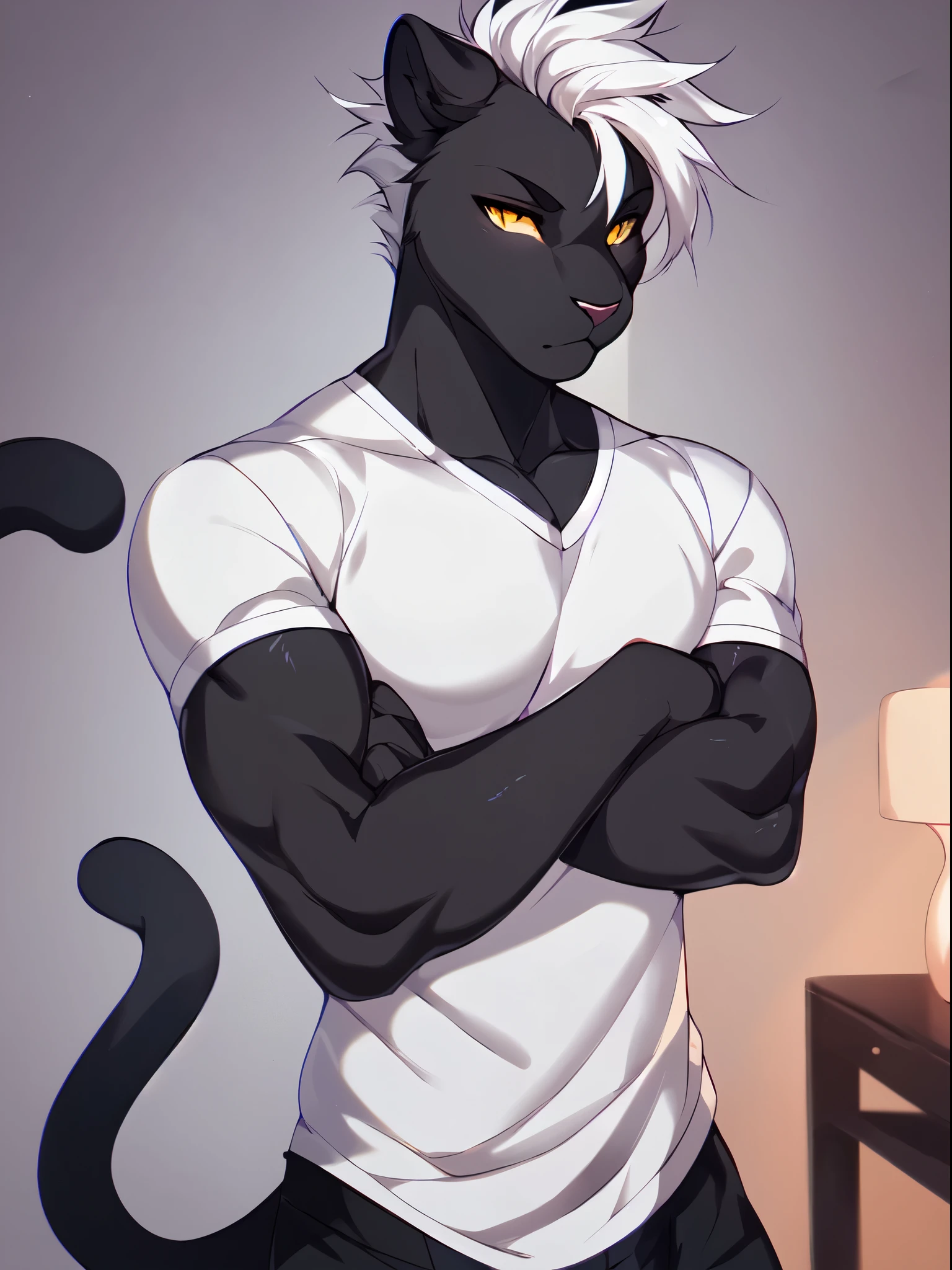 Solo, male, a cute grey anthro furry panther boy, a single panther tail, muscular, (white hair):1.3, faux hawk hair, yellow eyes, by fumiko, by hyattlen, by zackary911, indoors, white shirt, standing, buff, arms crossed, standing, simple background serious face