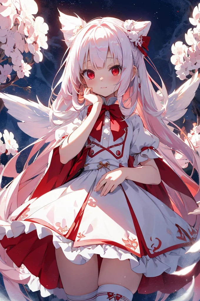 beautiful illustration, best quality, cute petit girl, (transform sequence), transform magical girl, chibi, white magical girl, fractal art, albino, babyface, long pure white and red mesh hair, beautiful detailed red eyes, cinematic lighting, cowboy shot, looking at viewer, from bottom, happy