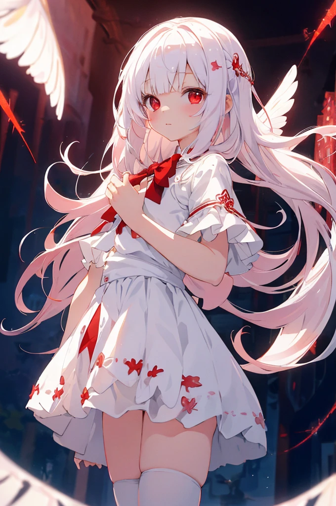 {high quality}, 1girl, {red eyes}, {white hair}, {white cape with red points}, {white cape with red points}, short white dress inside, {multiple red butterflies flying}, girl sitting, white ribbon over top, red ribbon over top,