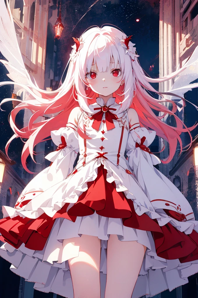 beautiful illustration, best quality, cute petit girl, (transform sequence), transform magical girl, chibi, white magical girl, fractal art, albino, babyface, long pure white and red mesh hair, beautiful detailed red eyes, cinematic lighting, cowboy shot, looking at viewer, from bottom, happy