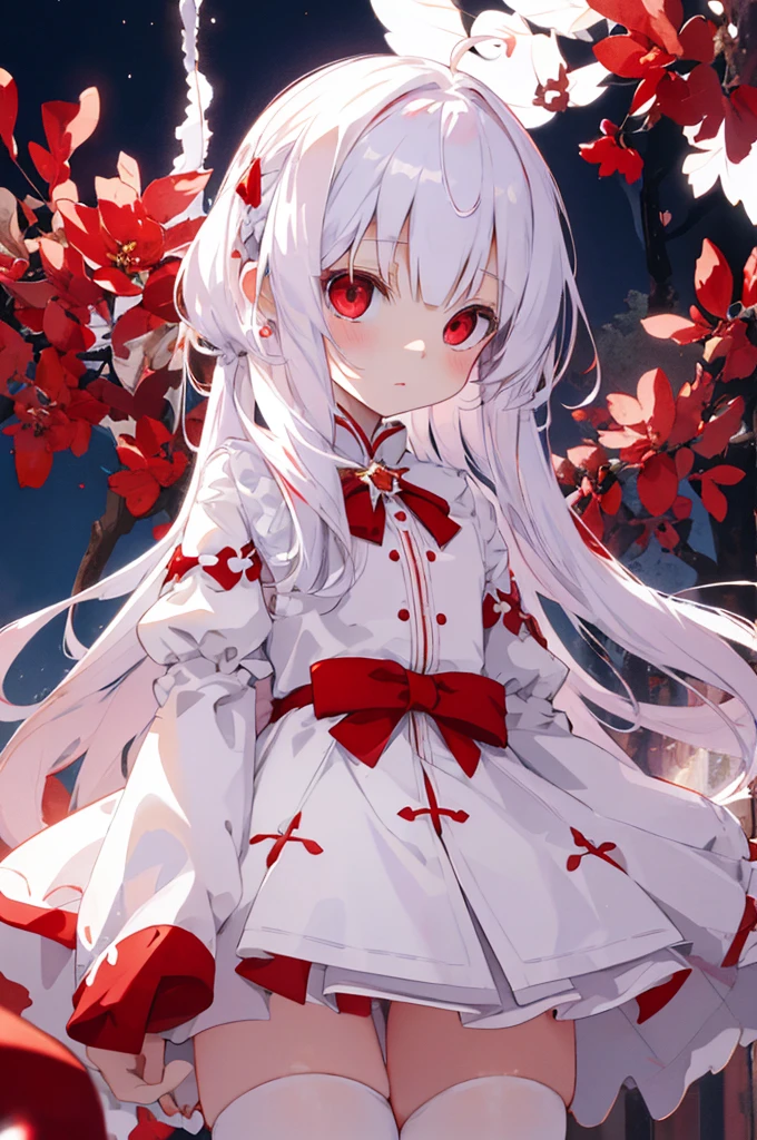 beautiful illustration, best quality, cute petit girl, (transform sequence), transform magical girl, chibi, white magical girl, fractal art, albino, babyface, long pure white and red mesh hair, beautiful detailed red eyes, cinematic lighting, cowboy shot, looking at viewer, from bottom, happy