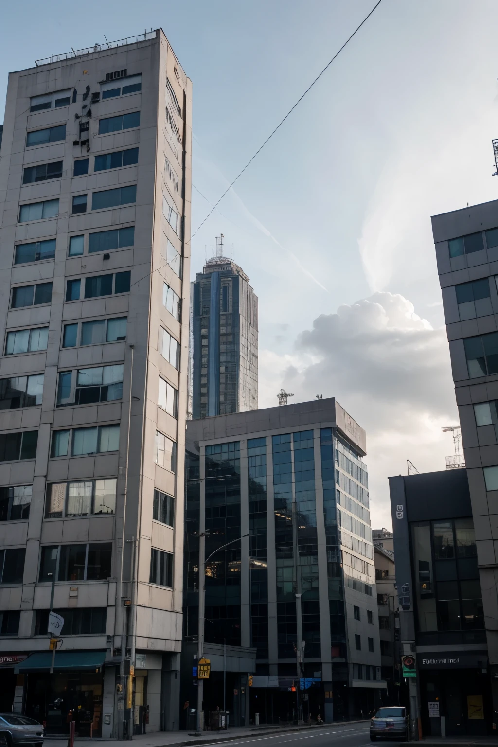 Industrial buildings, telephone poles, cloudy sky, skyscrapers, Eastern Europe, brutalist architecture, a lot of buildings