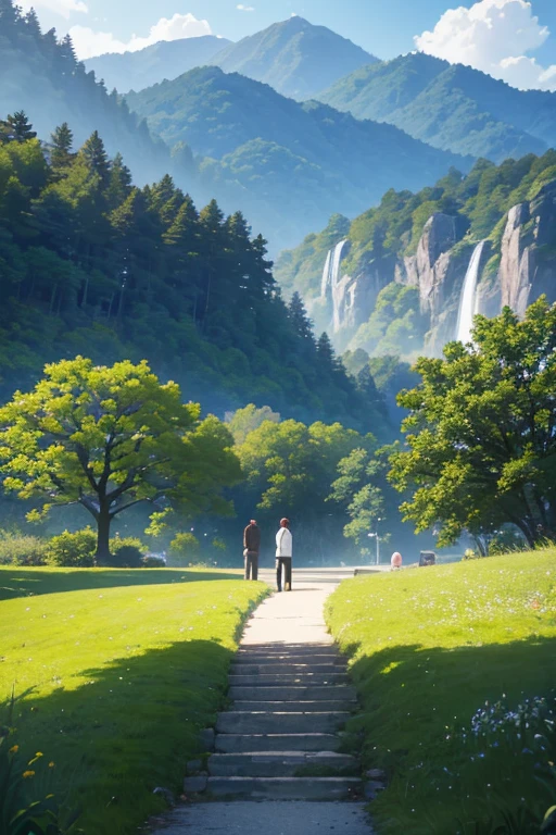 (best quality,4k,8k,highres,masterpiece:1.2),ultra-detailed,(realistic,photorealistic,photo-realistic:1.37),crowded scene,a group of people standing in a park,cartoonish art style,tokyo anime scene,animated scene,anime characters in total of eight,kyoto animation style,long shot and medium shot,tv anime still,kyoto animation style,anime still,scenery!!,anime recommendation of the day,captured moment from anime movie,opening scene,animated movie screenshot