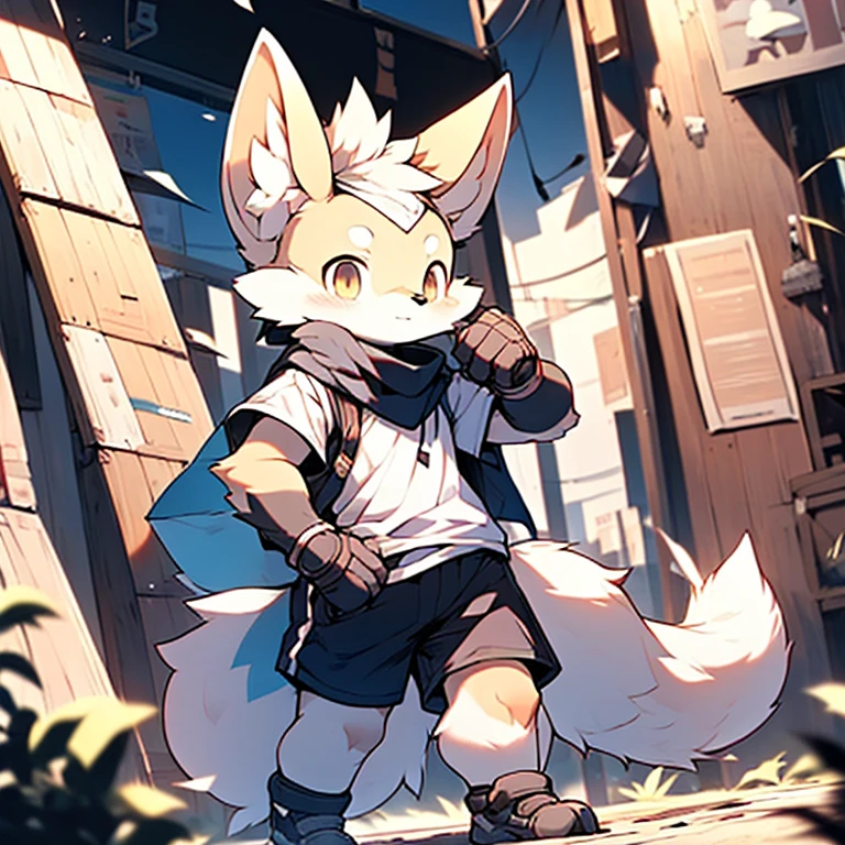 boy,Fennec fox ,Wearing a black scarf,Wear sports gloves,Wear white short sleeves and black shorts,systemic,Young,adolable,The is standing,Sideways,head bowed slightly