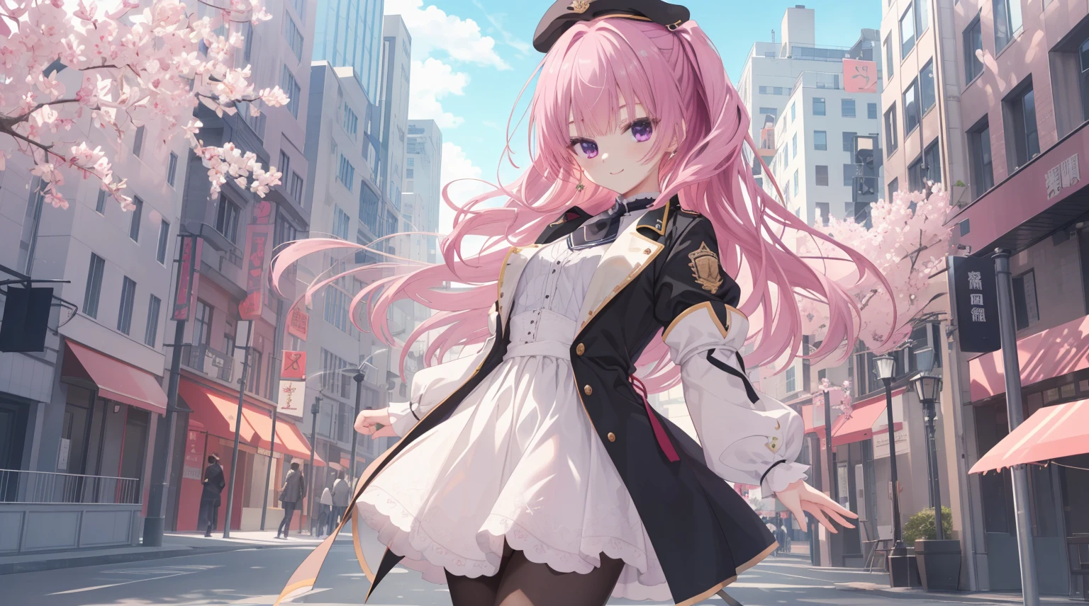 RAW photogr, Camera gaze, ((quality, 8K, tmasterpiece: 1.3)), Focus sharp: 1.2, White transparent dress, underdressing,nifty features, The best smile, adorable smile, Beautiful Woman with Perfect Style: 1.4, Slim abs: 1.2, mitsukasa ayase,Purple eye,Pink medium long hair, Smaller,, (natural soft light, the city street: 1.1), Highly Detailed Face and Skin Textur, 詳細な目,black pantyhoses,