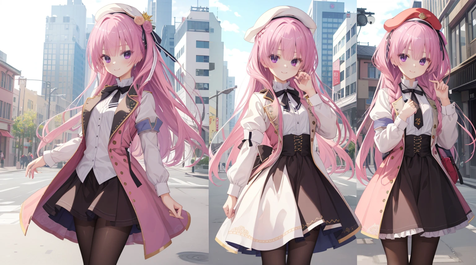 RAW photogr, Camera gaze, ((quality, 8K, tmasterpiece: 1.3)), Focus sharp: 1.2, White transparent dress, underdressing，nifty features, The best smile, adorable smile, Beautiful Woman with Perfect Style: 1.4, Slim abs: 1.2, mitsukasa ayase,Purple eye，Pink medium long hair， Smaller,, (natural soft light, the city street: 1.1), Highly Detailed Face and Skin Textur, 詳細な目,black pantyhoses，