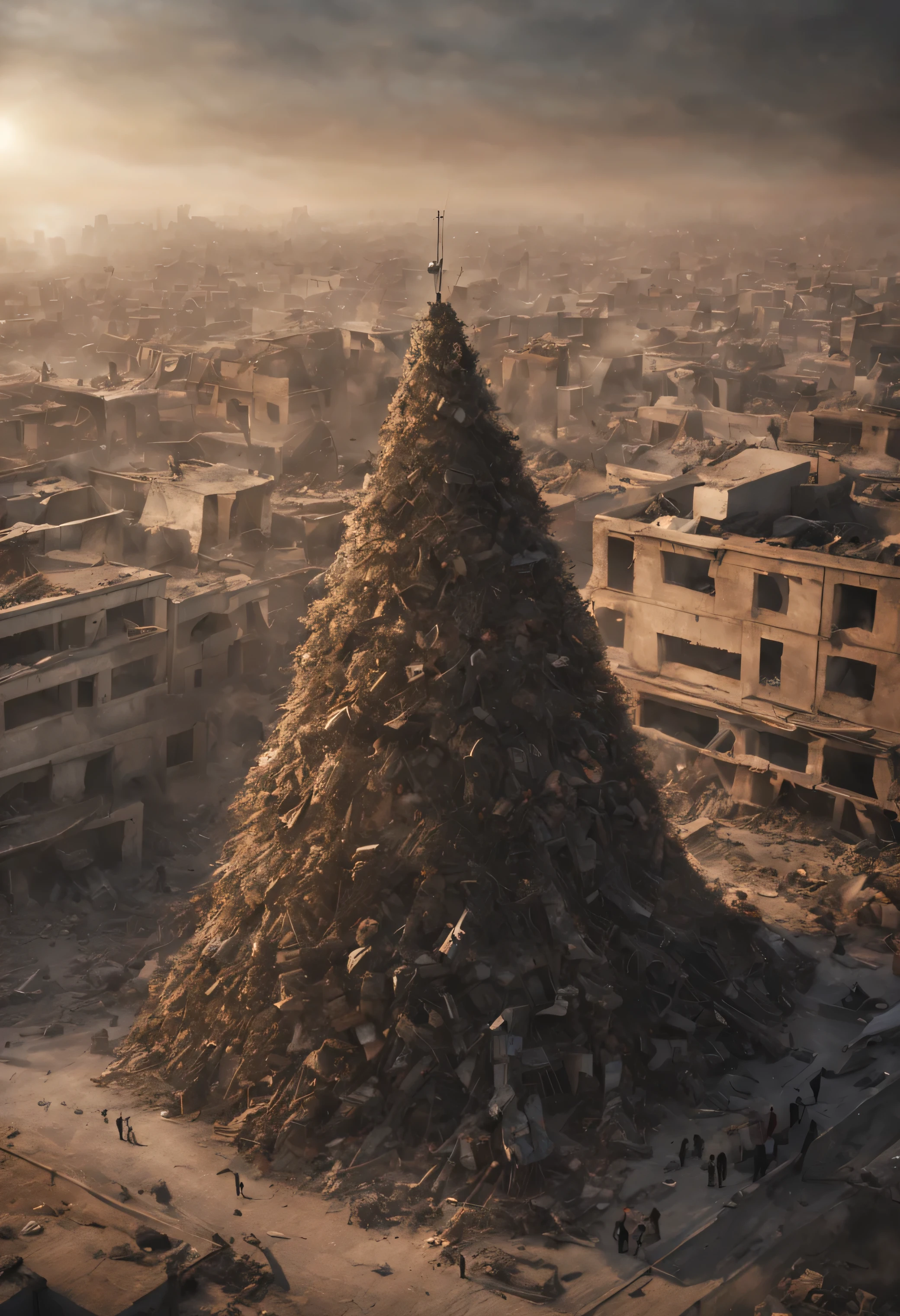 A Christmas tree made of people's corpses, children corpses , coffins, Gaza city, destroyed buildings , fog ,sun set, tension, realistic , cinemati