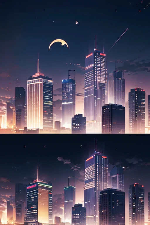 Night view of buildings with crescent moon in the sky, apartment building on the moon, shining crescent moon, Screenshot of the 2012 animation, Kuro anime screenshots, style of madhouse anime, crescent moon in background, Today’s recommended anime is still, TV animation stills, atmospheric anime, purple sky under moonlight, (The moon is in the background)