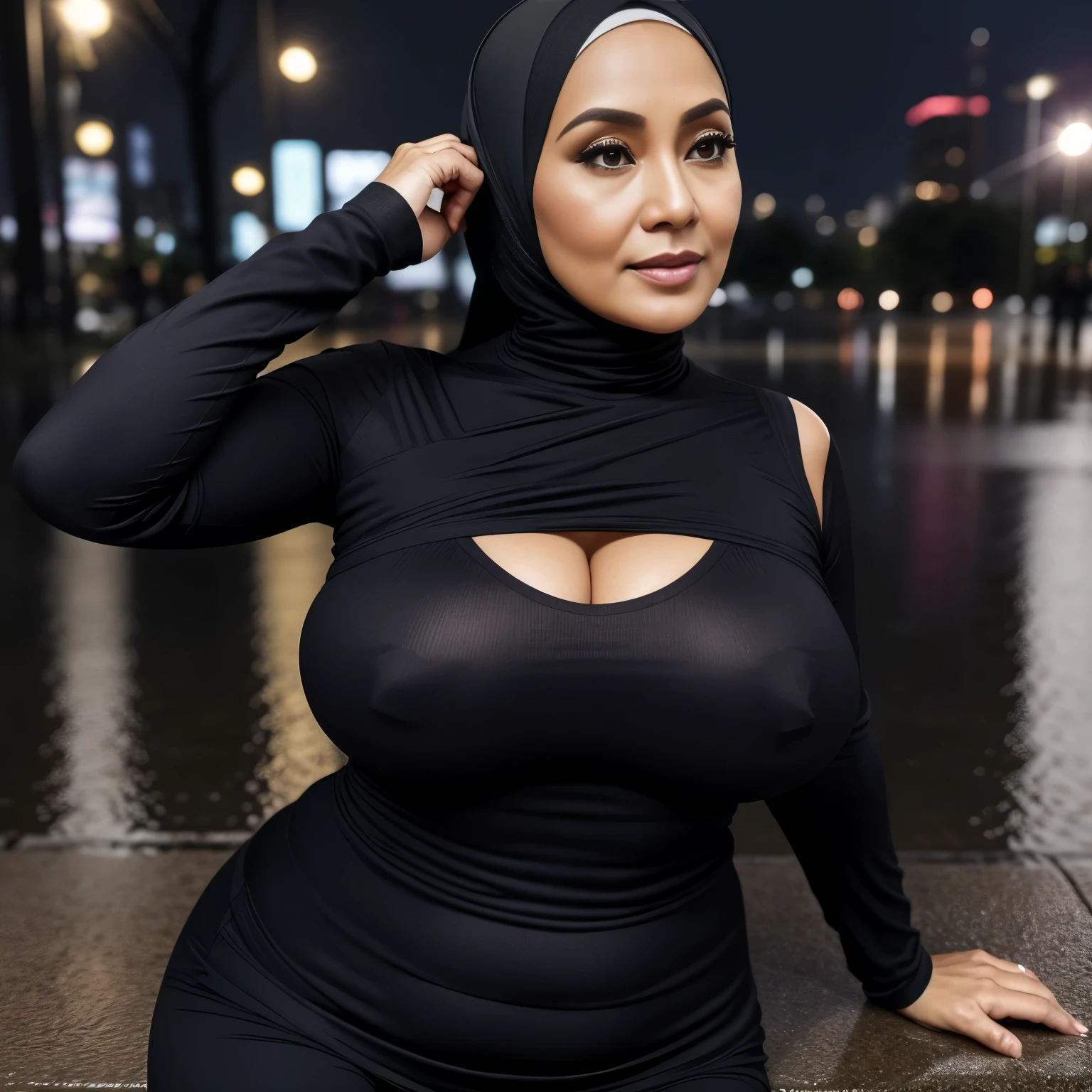 56 years Old, Indonesian Hijab milf, Ultra Droopiest gigantic saggiest longest mature tits : 96.9, wearing tight T-Shirt, Wearing Tight  bra, Her bra cannot cover her Gigantic breast, Curvy body, Wet body, rainy atmosphere, heavy rain, at central park, full body, gravure Idol, Cold Situation