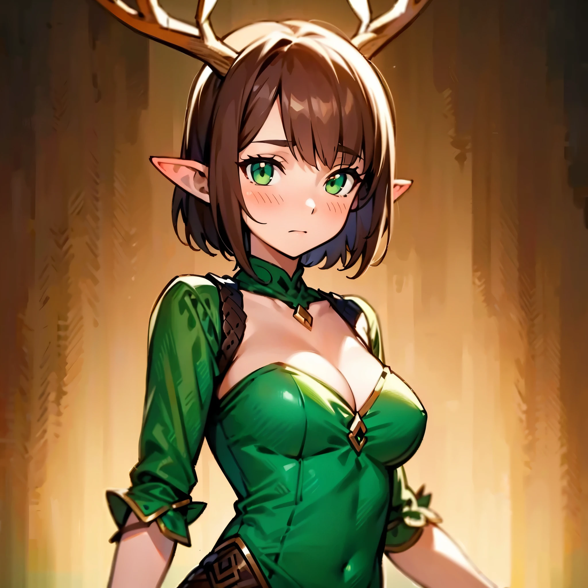 1woman, short messy brown hair, green eyes, medium breast, pointed ears, green evening dress, long deer antlers, shy expression, blush, solo, best quality, masterpiece, portrait, night woods background, looking at the camera, from the front, detailed, perfect anatomy, detailed art, high definition, 4k, high resolution