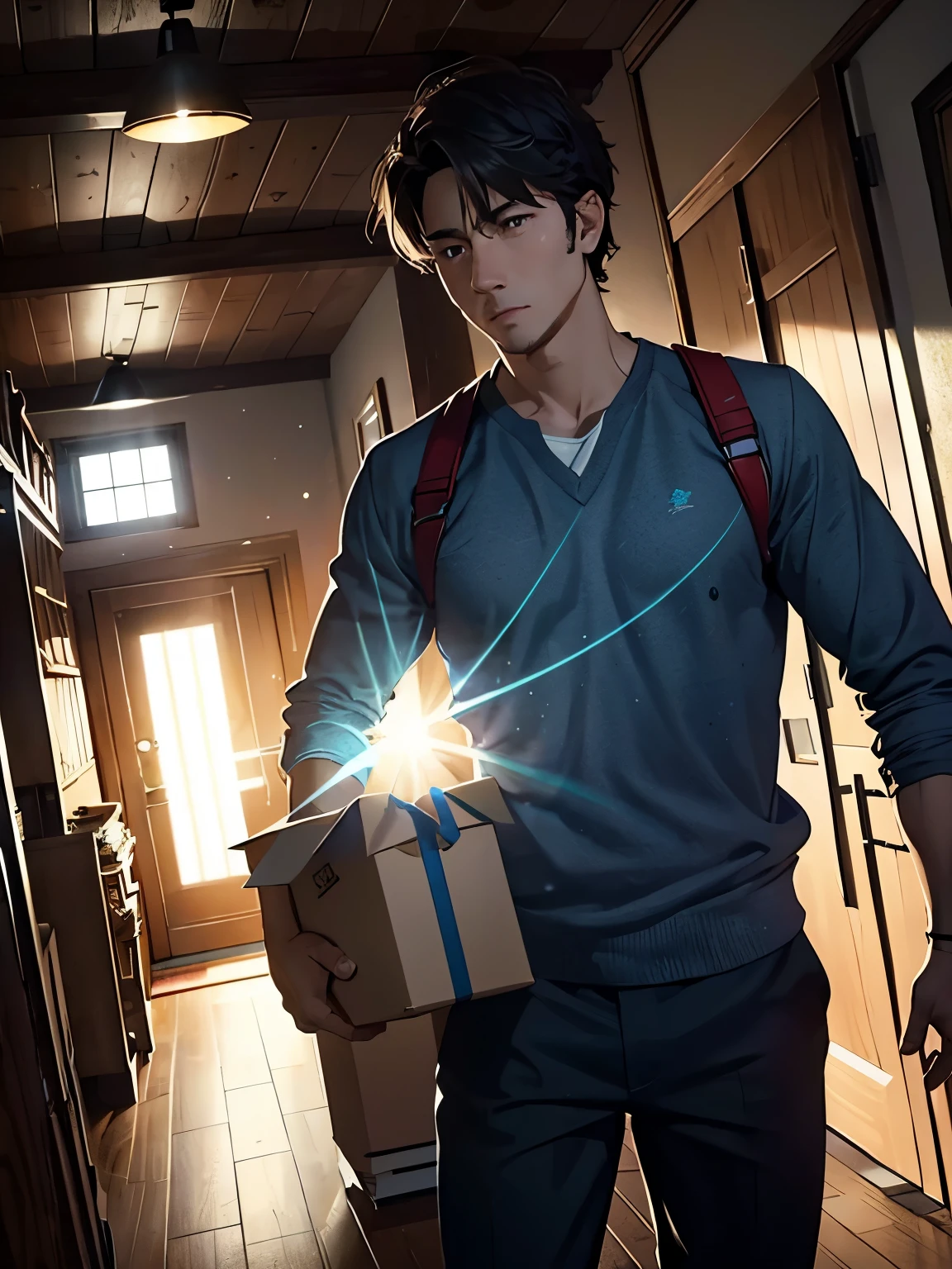 (colored line art:1.3), ((Best quality)), ((masterpiece)), (detailed:1.3), 3D ,HDR (High Dynamic Range), light particles, (lens flare particles:1.2)cinematic shot, dramatic lighting emphasizing shadows, texture-rich details, a man is carrying a box in a room, moving, delivering parsel box, location in a apartment, with a bunch of stuff, moving forward, in house, manliness given form,