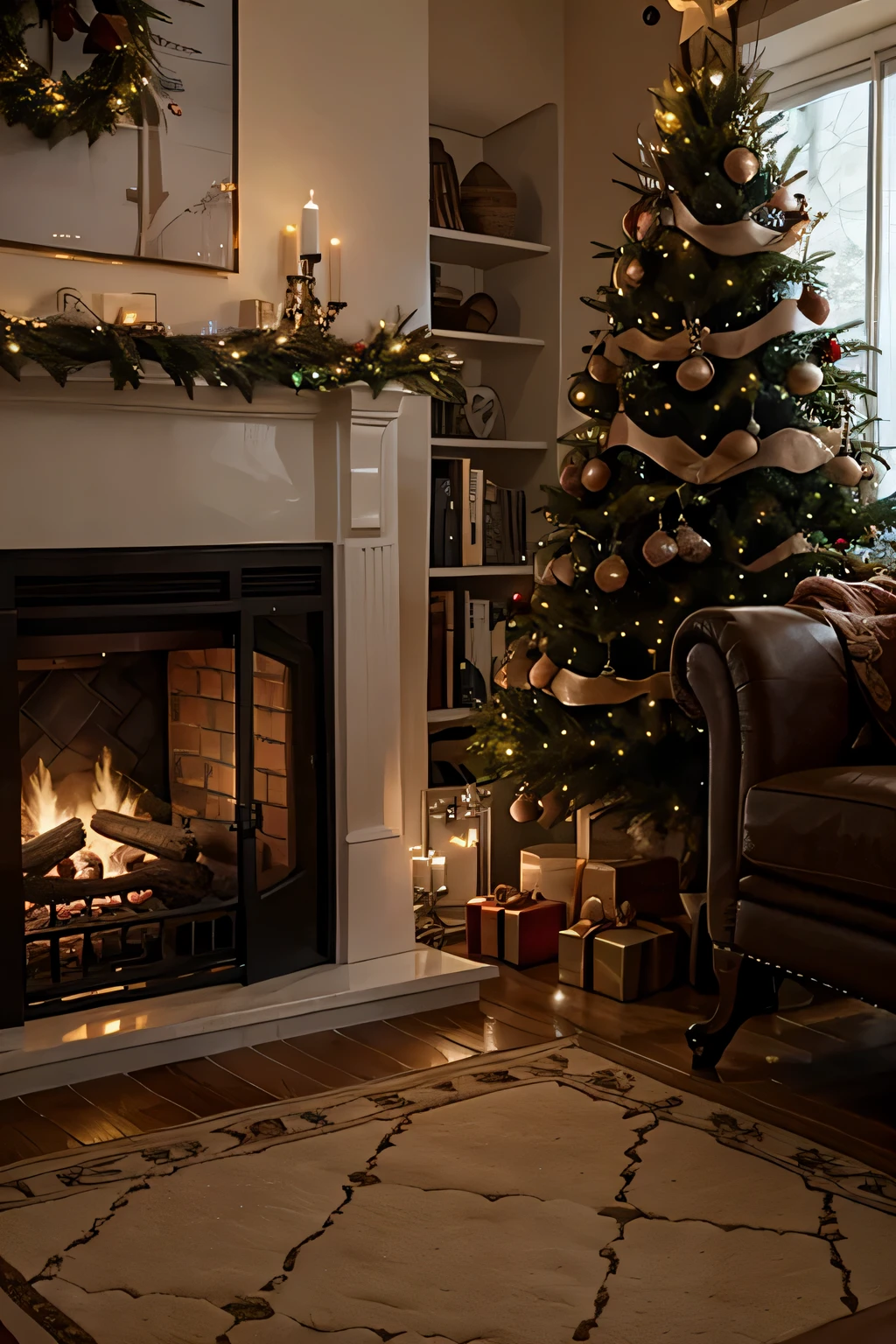 hyper realistic, inside a cozy house with a fireplace snowing outside with a big window and a christmas tree with cozy christmas lights around