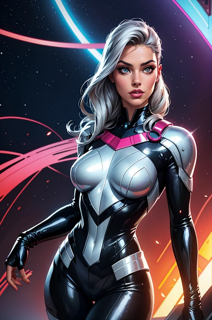 (best quality,8k:1.2,high resolution:1.2),ultra-detalhado,Realistic,vintage science fiction female superhero,retro futurism,cabelos VERMELHOS,belos olhos detalhados,beautiful detailed lips,olhos e rosto extremamente detalhados,long eyelashes,Collant dec hrome steel,Apertado,chrome steel tights,luvas chrome steel, Glossy plastic accessories,fundo neutro,profissional,vivid colors,Physically-based rendering,foco nítido,studio lighting,artistas conceituais