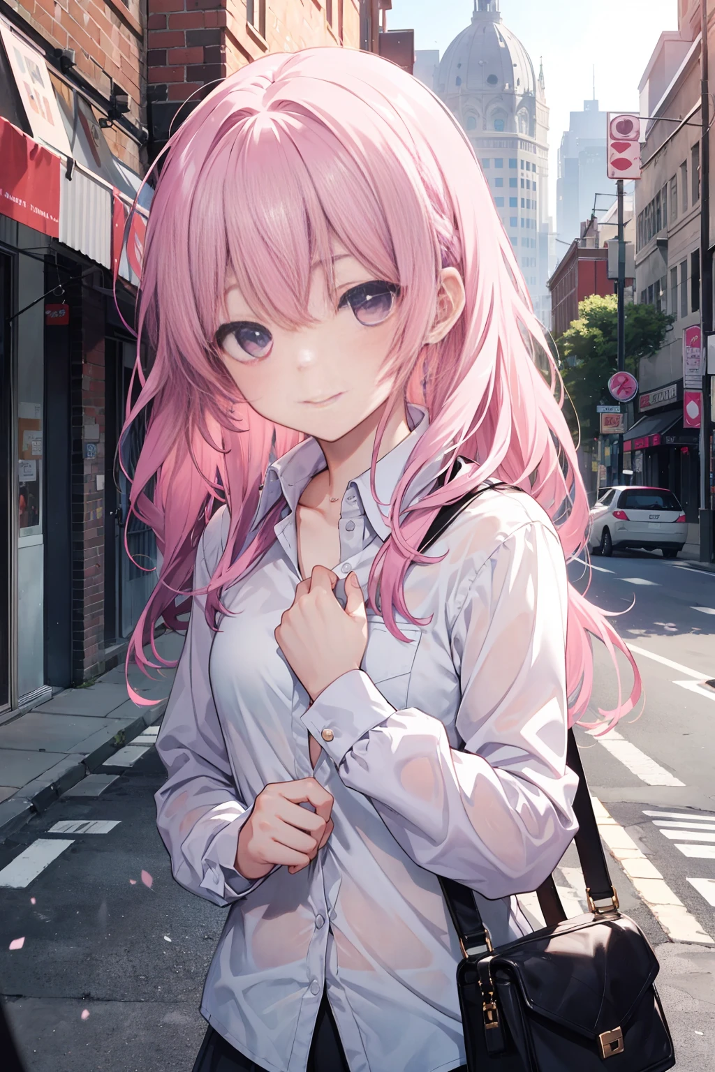 RAW photogr, Camera gaze, ((quality, 8K, tmasterpiece: 1.3)), Focus sharp: 1.2, white shirt, nifty features, The best smile, adorable smile, Beautiful Woman with Perfect Style: 1.4, Slim abs: 1.2, mitsukasa ayase,Purple eye,Pink medium long hair, Smaller,, (natural soft light, the city street: 1.1), Highly Detailed Face and Skin Textur, 詳細な目,