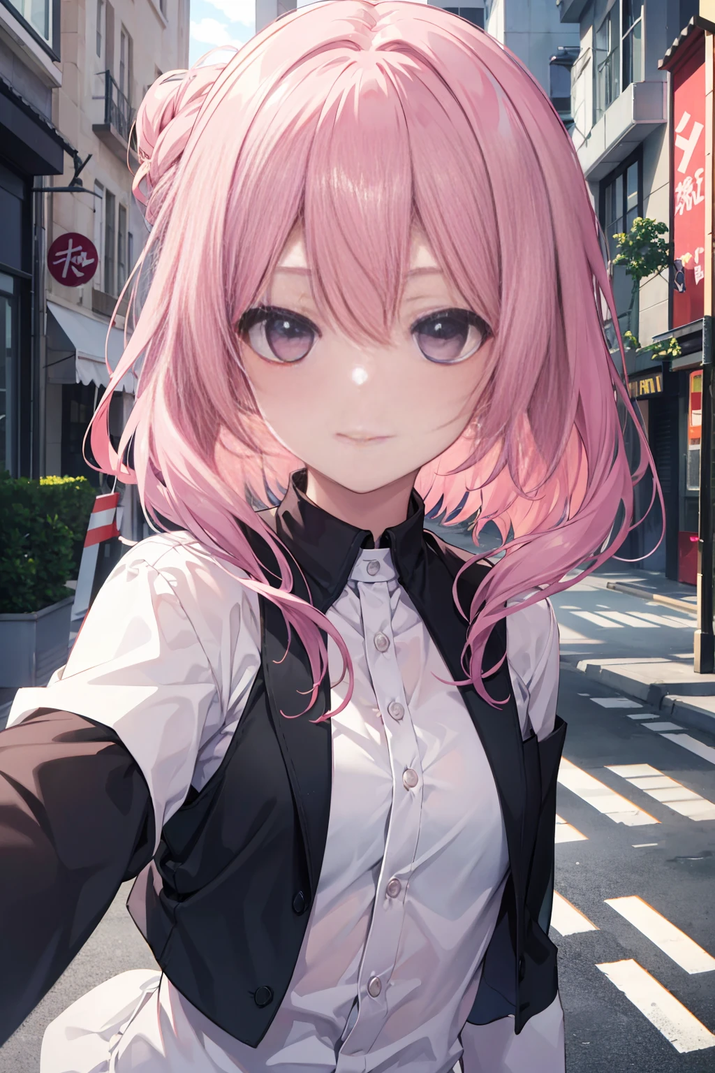 RAW photogr, Camera gaze, ((quality, 8K, tmasterpiece: 1.3)), Focus sharp: 1.2, white shirt, nifty features, The best smile, adorable smile, Beautiful Woman with Perfect Style: 1.4, Slim abs: 1.2, mitsukasa ayase,Purple eye,Pink medium long hair, Smaller,, (natural soft light, the city street: 1.1), Highly Detailed Face and Skin Textur, 詳細な目,