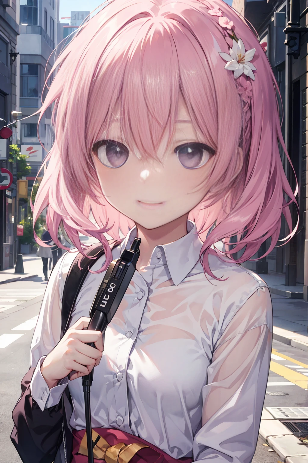 RAW photogr, Camera gaze, ((quality, 8K, tmasterpiece: 1.3)), Focus sharp: 1.2, White transparent shirt, nifty features, The best smile, adorable smile, Beautiful Woman with Perfect Style: 1.4, Slim abs: 1.2, mitsukasa ayase,Purple eye,Pink medium long hair, Smaller,, (natural soft light, the city street: 1.1), Highly Detailed Face and Skin Textur, 詳細な目,