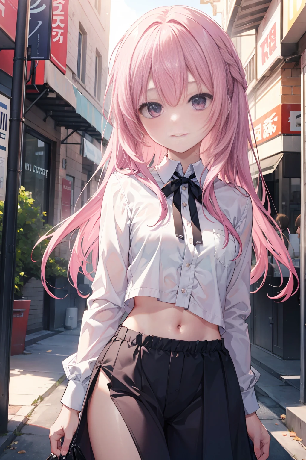 RAW photogr, Camera gaze, ((quality, 8K, tmasterpiece: 1.3)), Focus sharp: 1.2, White transparent shirt, nifty features, The best smile, adorable smile, Beautiful Woman with Perfect Style: 1.4, Slim abs: 1.2, mitsukasa ayase,Purple eye,Pink medium long hair, Smaller,, (natural soft light, the city street: 1.1), Highly Detailed Face and Skin Textur, 詳細な目,