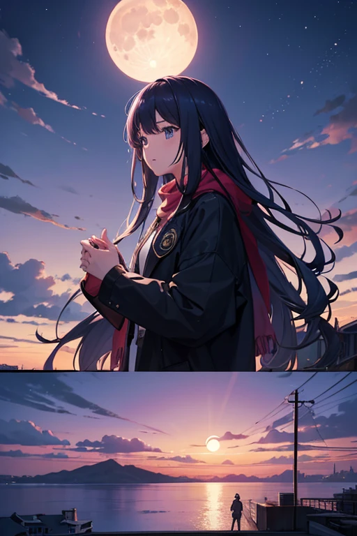 (best quality,highres,masterpiece:1.2),ultra-detailed,realistic,night scene with a crescent new moon in the sky, apartment buildings on the moon, shiny new moon, screenshot from an animation in 2012, screenshot from the anime Karas, anime-style insane asylum, new moon in the background, anime recommendation of the day, still frame from a TV anime series, atmospheric anime, purple sky under the moonlight, (moon visible in the background)