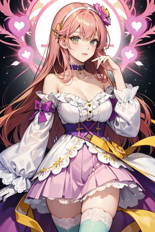 Saki has tanned skin and shoulder length auburn hair with her bangs worn back with a yellow cross-shaped accessory and a pink hair-clip. She wears a fuchsia dress with purple navel and shorts. The top resembles a blouse with white lining and collar, and pale yellow frills lining the sleeves. At the center is a gold curved heart on a red ribbon, and pale green lace covers the collarbone. The skirt resembles a flower with white and pale yellow layers on each side, a yellow belt with a purple gem on each side, and a fuchsia and white heart in the middle. She gains mauve finger-less gloves and boots with pale pink sole and a pair of ruffled fuchsia leg warmers accented by white and pale yellow details to match her sleeves, along with hot pink gem details.