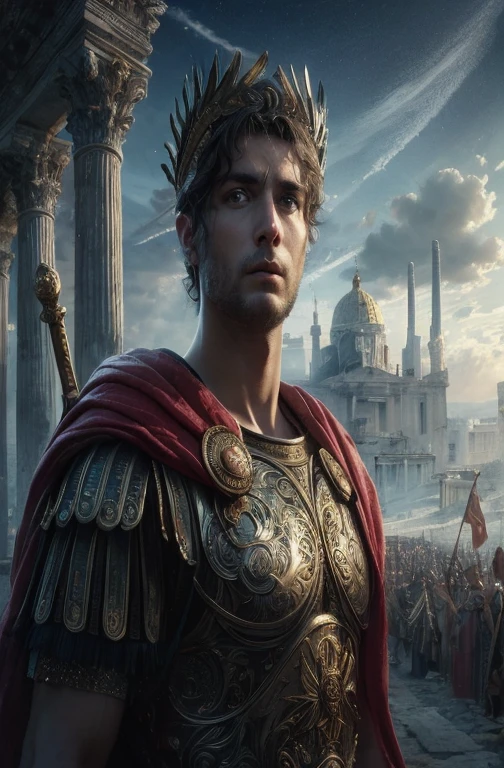 a close up of a man in a roman costume standing in front of a city, roman emperor, caesar victorious, alexander the great, magali villeneuve', portrait of achilles, inspired by Roman Bezpalkiv, by Kerembeyit, portrait of homelander, portrait of emperor of mankind, inspired by Caesar van Everdingen, alexander, roman empire