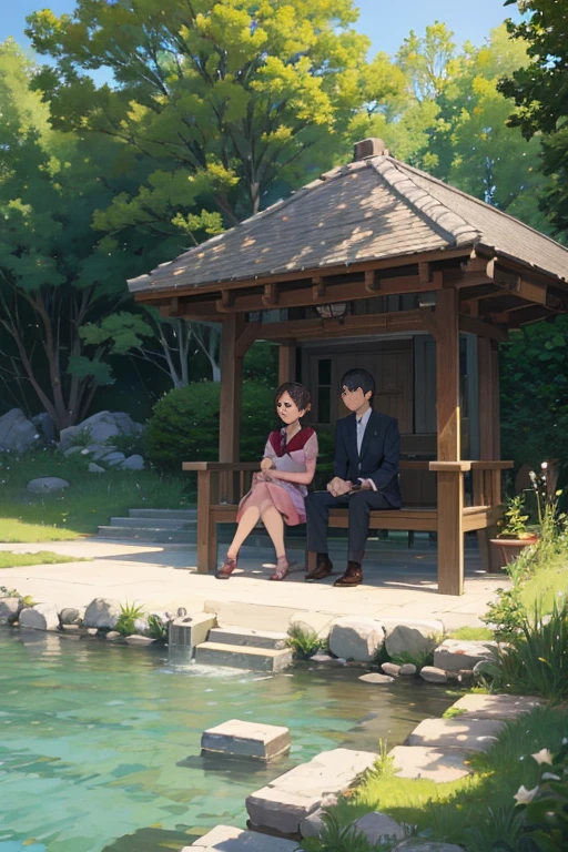 Animation scene of two people sitting on stones by the river, anime jade camping, Yu Ruying, Today’s recommended anime is still, anime still images, animation still frame, anime screenshot, anime scene, TV animation stills, yama no susume, Official animation stills, Screenshot of the 2012 animation, animation stills