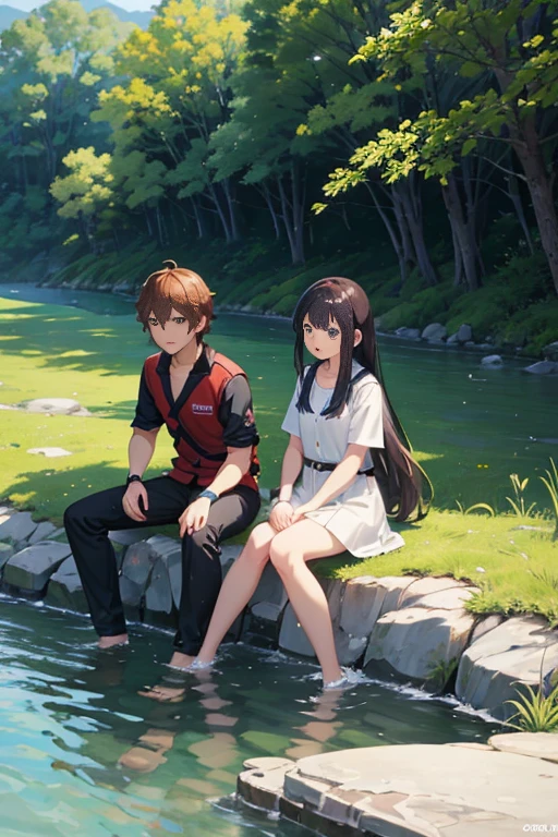 Animation scene of two people sitting on stones by the river, anime jade camping, Yu Ruying, Today’s recommended anime is still, anime still images, animation still frame, anime screenshot, anime scene, TV animation stills, yama no susume, Official animation stills, Screenshot of the 2012 animation, animation stills