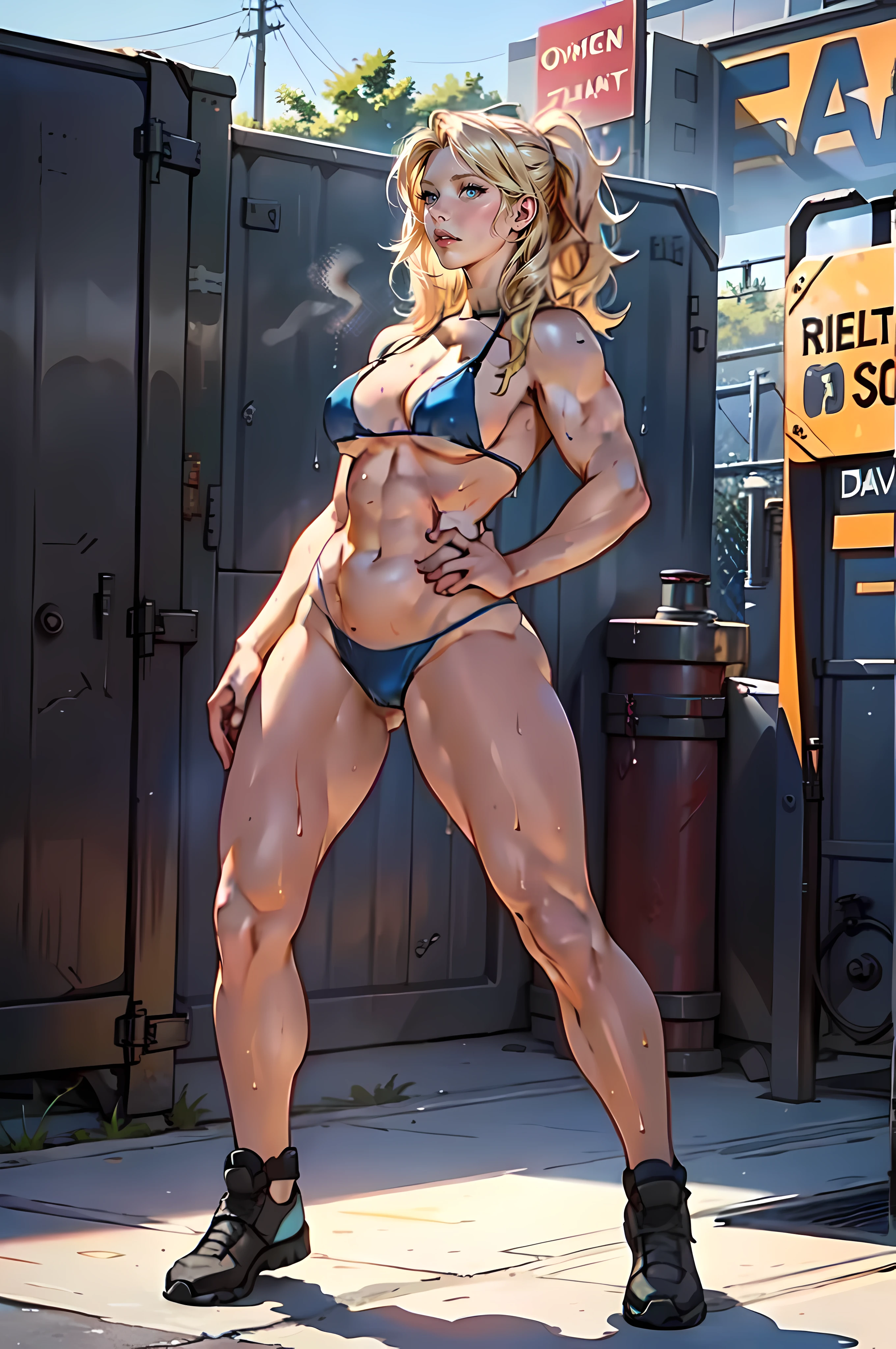 (best quality, masterpiece:1.2) full body image of a white skin girl as Katheryn Winnick with a huge muscular body, beautiful detailed blue eyes, full lips, long flowing hair, dressed in a string bikini. She has thick thighs, wide hips, and is standing in a track field. The girl is sweaty and wet, with water droplets glistening on her skin. The overall image should have a realistic and vivid color palette, with studio lighting emphasizing the girl's very muscular physique.
