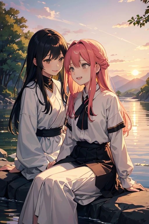 (a beautiful sunset lighting,highly-detailed characters:1.2) 2 girls sitting on the rocks by the river, surrounded by a serene and picturesque scenery. The shimmering river reflects the warm hues of the setting sun, casting a golden glow on everything it touches. The girls are wearing comfortable and colorful camping attire, with their hair gently swaying in the breeze. Their faces are filled with joy and excitement as they chat and laugh, fully immersed in the peacefulness of nature. The scene is captured in a still frame, reminiscent of a scene from an anime. The characters are beautifully drawn with intricate details, highlighting their expressive eyes, rosy lips, and flowing hair. The artwork displays a perfect balance of vibrant colors and soft pastel tones, giving it an anime-like aesthetic. The overall image exudes a sense of tranquility and warmth, inviting viewers to experience the beauty of nature and the joy of friendship.