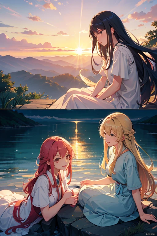 (a beautiful sunset lighting,highly-detailed characters:1.2) 2 girls sitting on the rocks by the river, surrounded by a serene and picturesque scenery. The shimmering river reflects the warm hues of the setting sun, casting a golden glow on everything it touches. The girls are wearing comfortable and colorful camping attire, with their hair gently swaying in the breeze. Their faces are filled with joy and excitement as they chat and laugh, fully immersed in the peacefulness of nature. The scene is captured in a still frame, reminiscent of a scene from an anime. The characters are beautifully drawn with intricate details, highlighting their expressive eyes, rosy lips, and flowing hair. The artwork displays a perfect balance of vibrant colors and soft pastel tones, giving it an anime-like aesthetic. The overall image exudes a sense of tranquility and warmth, inviting viewers to experience the beauty of nature and the joy of friendship.