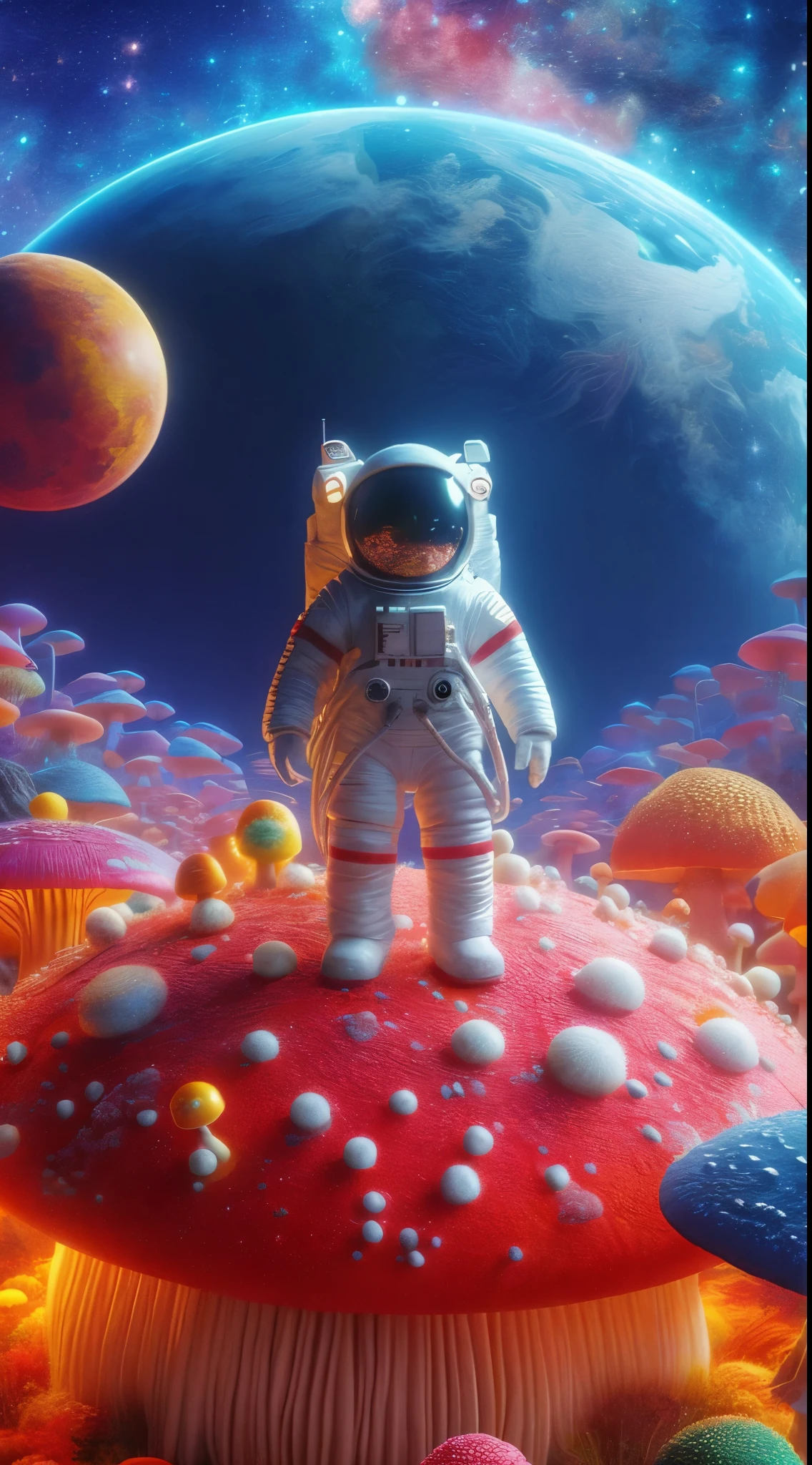 an astronaut standing on a mushroom with a space background, beeple daily art, style hybrid mix of beeple, beeple art, by Mike "Beeple" Winkelmann, greg beeple, beeple colors, artem demura beeple, beeple artwork, beeple and jean giraud