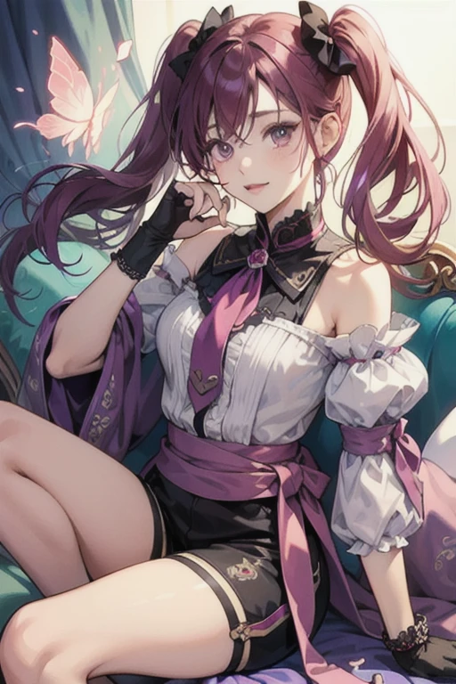 Nozomi has purple eyes and shoulder-length dark magenta hair worn down with small amounts pulled into pigtails held by yellow bobbles. She gains a white and fuchsia lined two-piece with matching gloves and socks. Ruffled, pale chiffon trim lines the skirt and sleeves, and on the chest is a pink butterfly with a green gem. On her waist is a bow. She also gains fuchsia shorts and short boots with pink detail. On her hand is a light pink butterfly, and her Pinky Catch is worn on the left wrist.