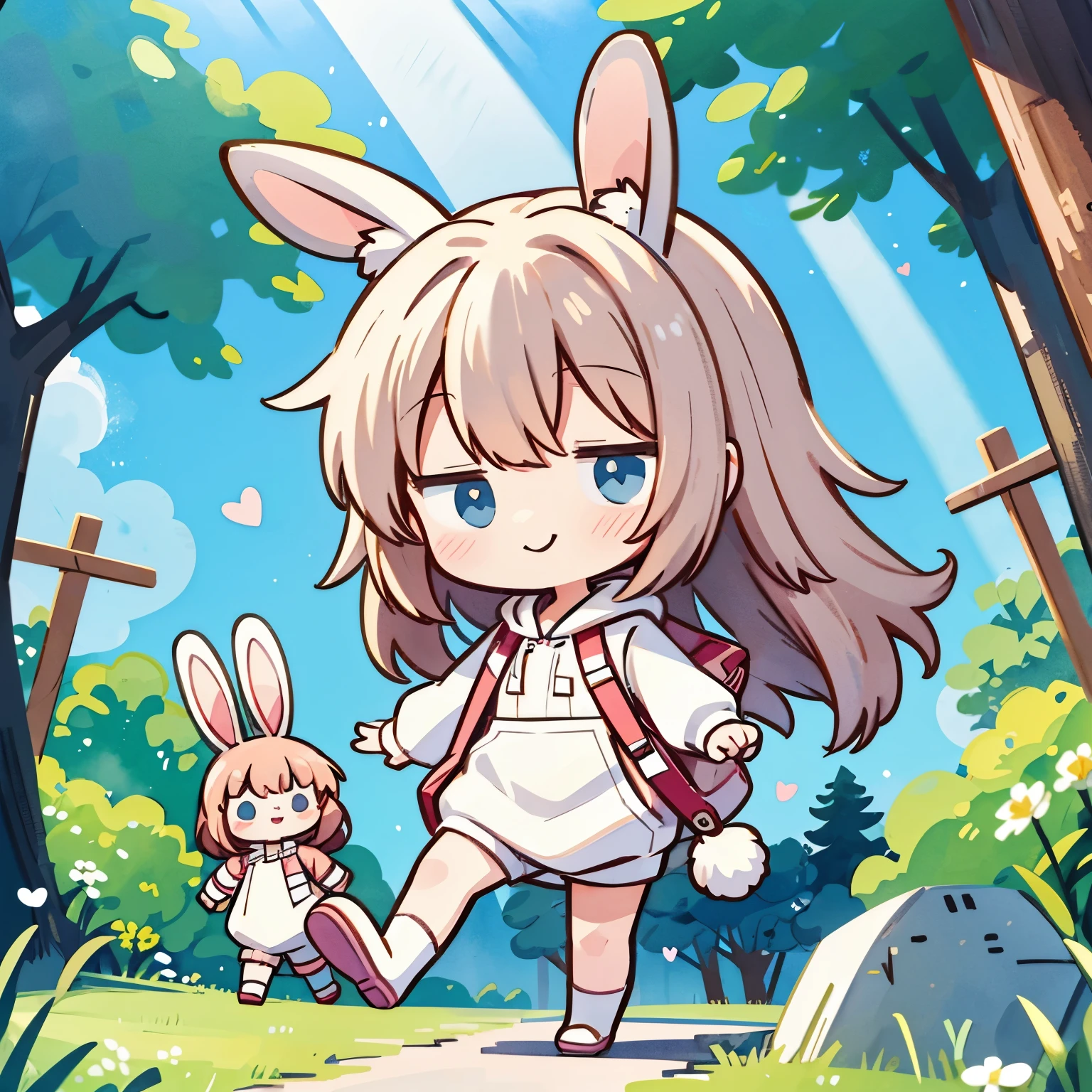 (Chibi:1.2), full bodyesbian、Kigurumi, Rabbit Girl、Rabbit costume、a smile、Rabbit ears、Rabbit tail、watercolor paiting, Sunlight, (work:1.2)、heart、teak、Running、