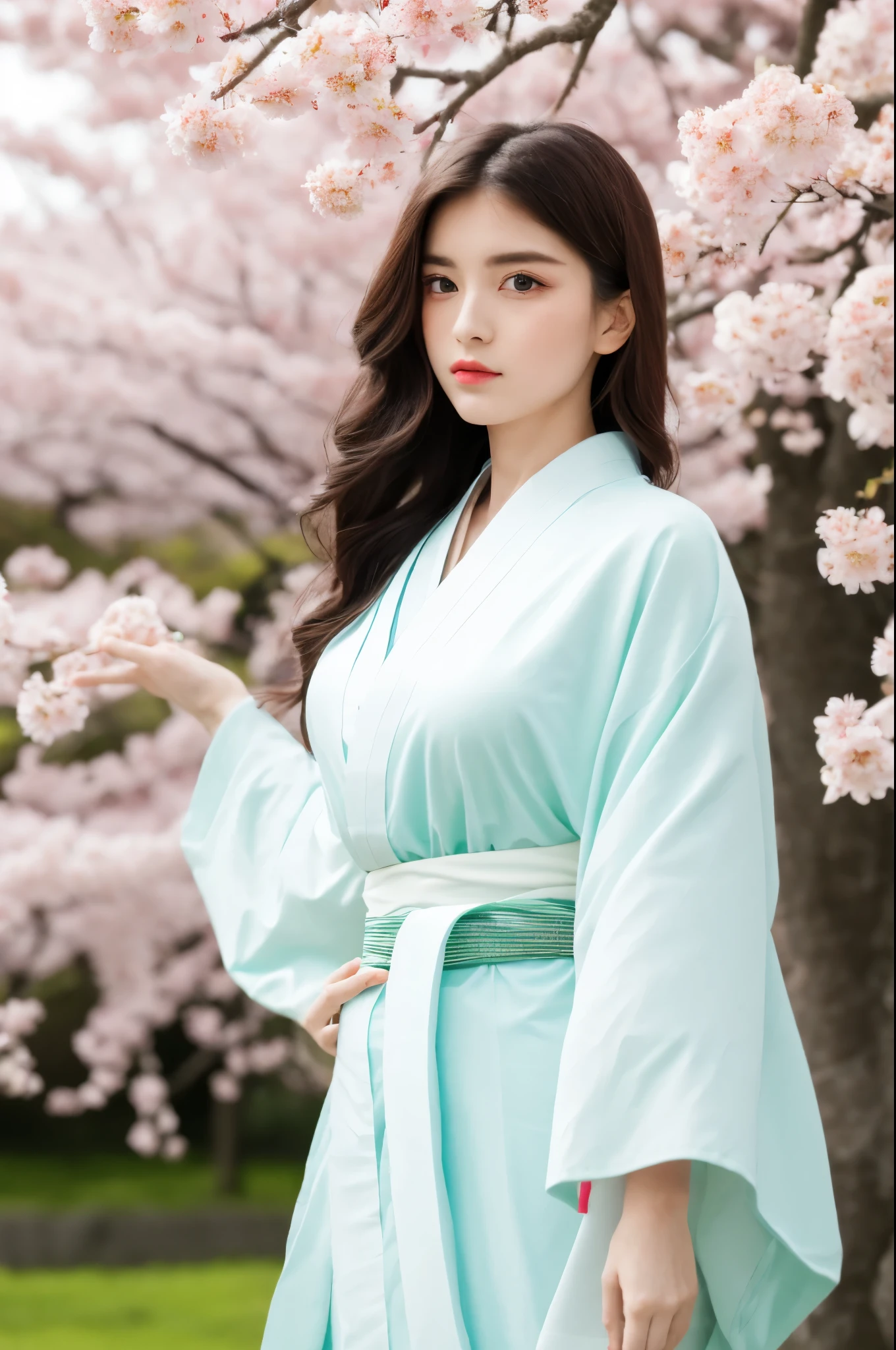 (( masterpiece, detailed, high quality, )), natural lighting, a young woman, (green eyes:1.2), long hair, red hair, hair ribbon, (medium breasts:1.2), necklace, sakura falling petals, cherry blossoms background, dynamic pose, dynamic angle, close-up, looking at viewer, (wearing white kimono_clothes:1.3), holding umbrella,
