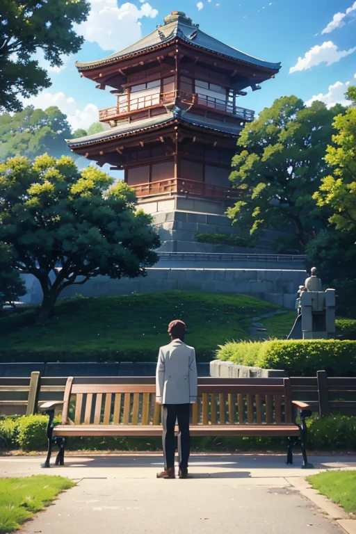 Scene of a man standing next to a bench in front of a fence, TV animation stills, anime scene, in the anime film, animation stills, anime film still, park in background, kyoto animation still, anime screenshot, Set in the park, anime movie screenshot, Scenic backdrop, In anime, 高品质anime film still