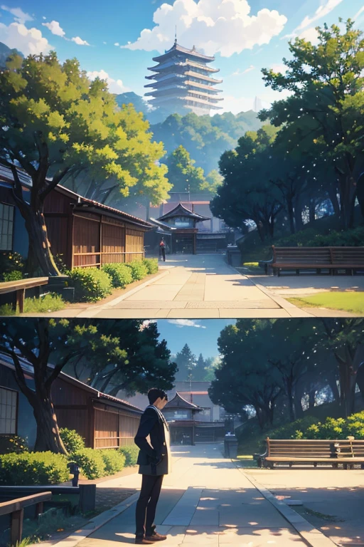 Scene of a man standing next to a bench in front of a fence, TV animation stills, anime scene, in the anime film, animation stills, anime film still, park in background, kyoto animation still, anime screenshot, Set in the park, anime movie screenshot, Scenic backdrop, In anime, 高品质anime film still
