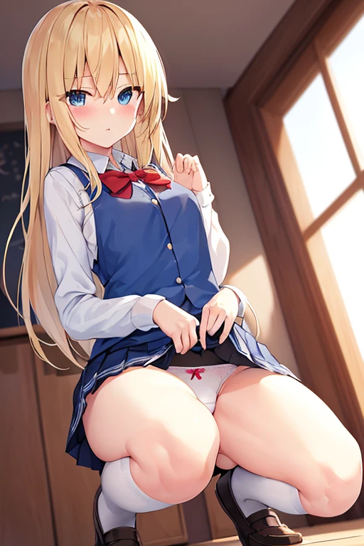 beautiful long blonde blue eyes small tit student clothes a miniskirt You can see the panties. Squatting 白いYou can see the panties. crotch open