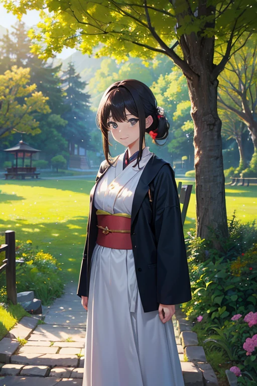 perfectquality,4k,A high resolution,tmasterpiece:1.2,超詳細,realistic scene:1.37,Dynamic cinematic texture,Delicate picture style,Sharp focus,Accurate depiction of men,Smiling,Standing on a bench next to the iron fence in the park,Wear stylish clothing:1.1,Tall,With neat hairstyle,Highlight your handsome face,Slightly bearded cheeks,Cartoon scenes of facial expressions with attention to detail,Vivid TV animation stills,summer animation,With stylish animated characters,Beautiful park in the background,Park surrounded by green trees and flowers,picturesque,Colorful colors:1.1,As inspired as Kyoto Animation,Kyoto Animation style picture tones with warm sunlight,Soft natural light,Gives the entire painting a sense of warmth,Beautiful light and shadow in the landscape:1.1