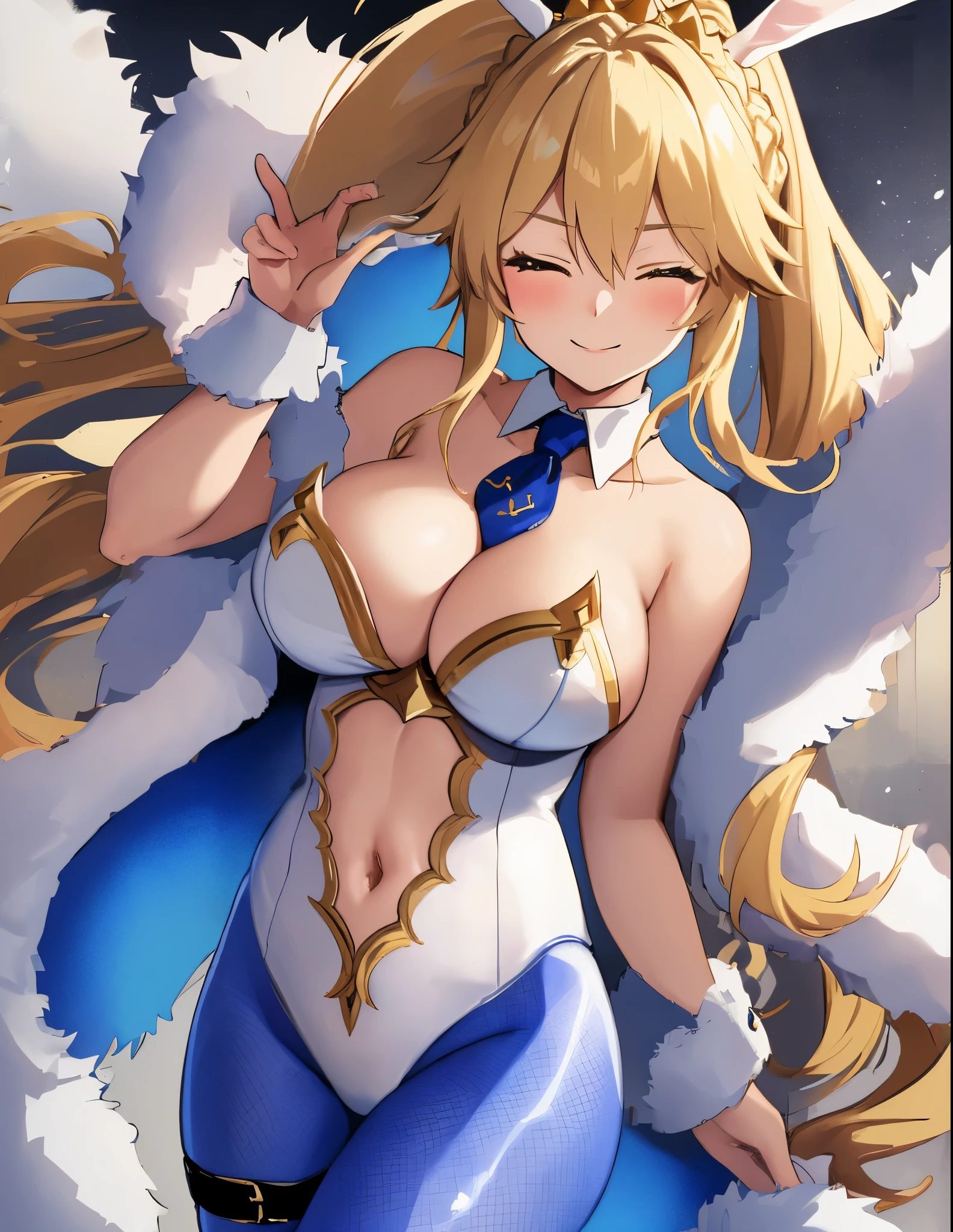 masterpiece, best quality, absurdres, soft lighting, looking at viewer, solo, light_smile, wink, one eye closed,
1girl, ahoge, rabbit ears, playboy bunny, artoria pendragon \(swimsuit ruler\) \(fate\), large breasts , blonde hair, green eyes, french braid,  pony tail
bare shoulders, large breasts , cleavage,
clothing cut out, wrist cuffs, detached collar, navel cutout, feather boa,
white leotard, blue necktie, blue pantyhose, single thigh strap, hands behind head,
cowboy shot,
white background,